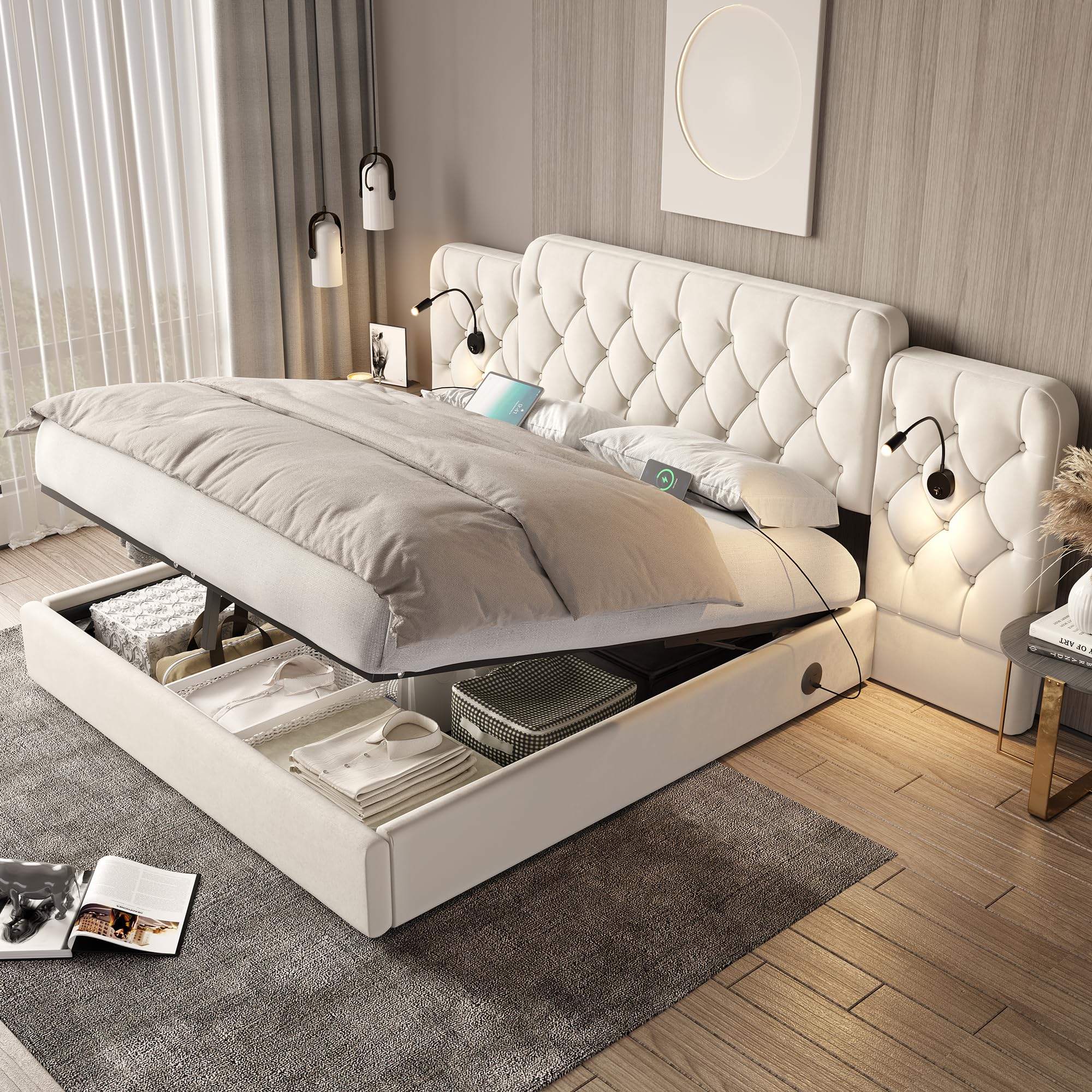 Estructura de cama con cabecero largo, 160 x 200 cm, material de terciopelo moderno, varios puertos USB, lámpara de escritorio, sistema hidráulico, espacio de almacenamiento extra grande, color