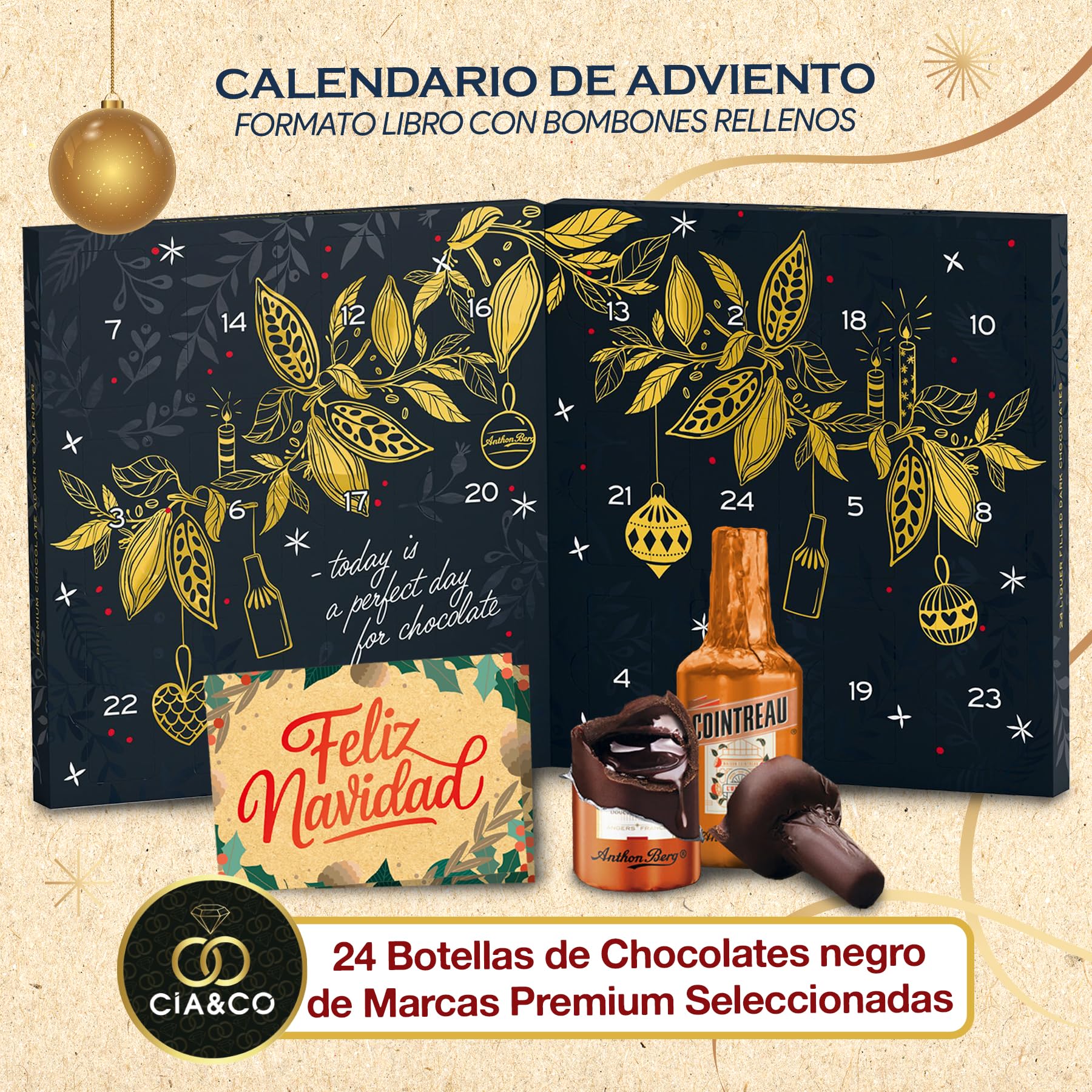 Calendario de Adviento Anthon Berg 2025 · Formato Libro · 24 Mini Botellitas de Chocolate Negro Rellenas de Sabores Exclusivos · Incluye Tarjeta Personalizada Cia&Co · Regalo Gourmet de Navidad 375 gr