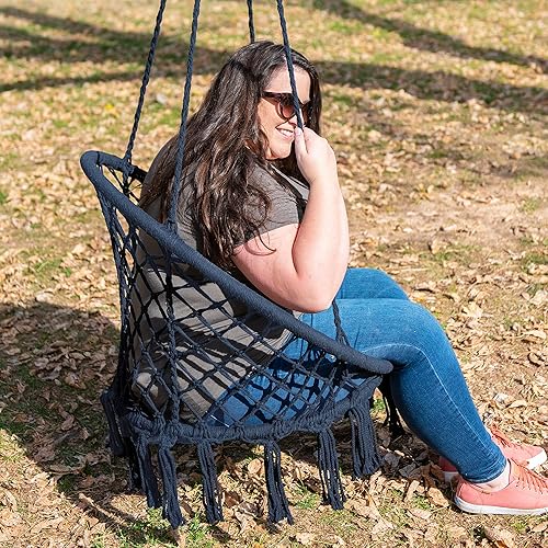 Miniatura 5 de Equip Silla hamaca macramé para exteriores, mezcla de algodón, azul pizarra, tamaño 47 pulgadas de largo x 24 pulgadas de ancho, capacidad de 250