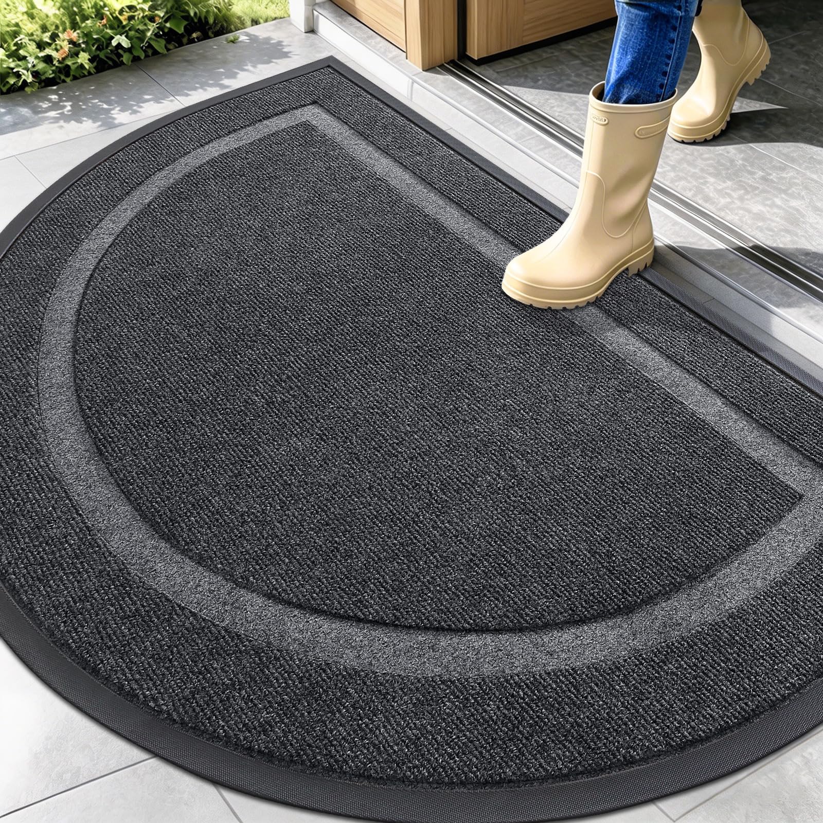 OLANLY Half Circle Front Door Mat Outside 47x32 All-Season Rubber Doormat | Grey, Absorbent, Heavy-Duty, Stain and Fade Resistant, Waterproof Non-Slip Backing, Low-Profile Indoor Outdoor Entryway Mat