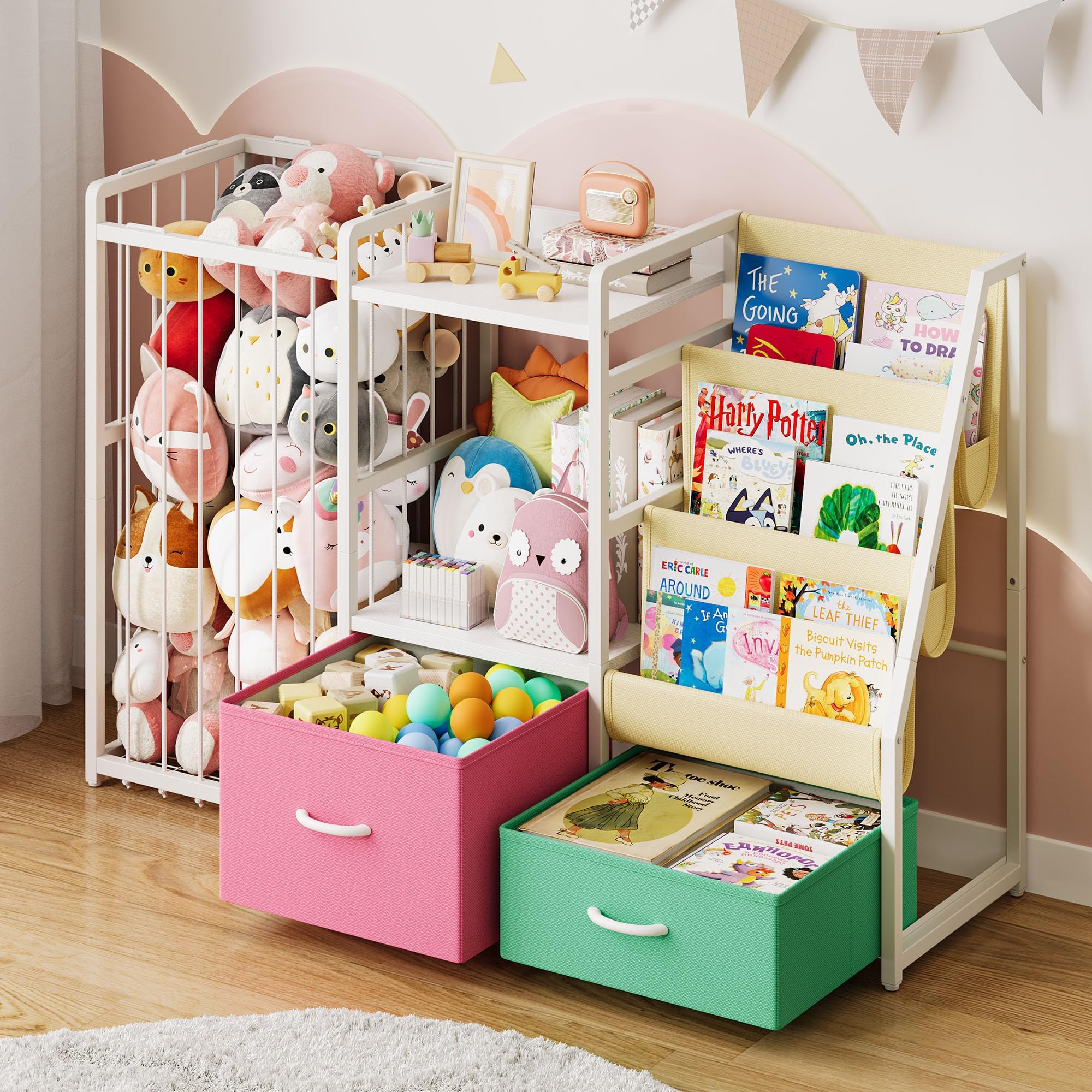 Twinkoo Kids Bookshelf and Toy Storage, Large 3 Tier Book Shelf for Kids Rooms, Sling Baby Bookcase with Stuffed Animal Storage, Toddler Montessori Bookshelf for Nursery, Playroom (Pink+Green)