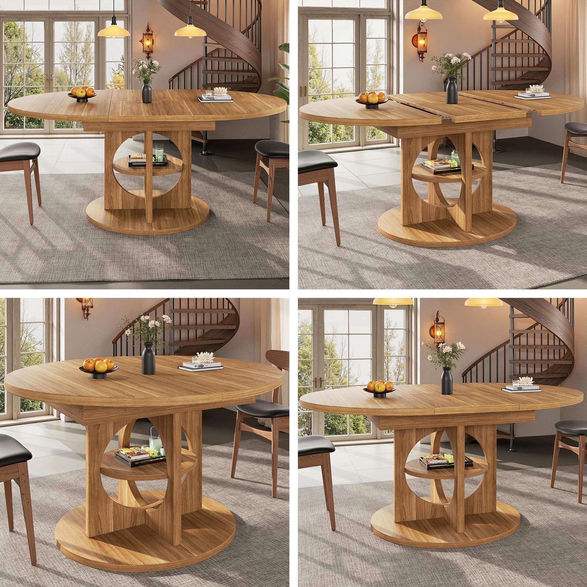 Kebnor Tavolo da pranzo allungabile con vano portaoggetti, 110-150 cm, effetto legno, portata fino a 60 kg, da rotondo a ovale (legno naturale)