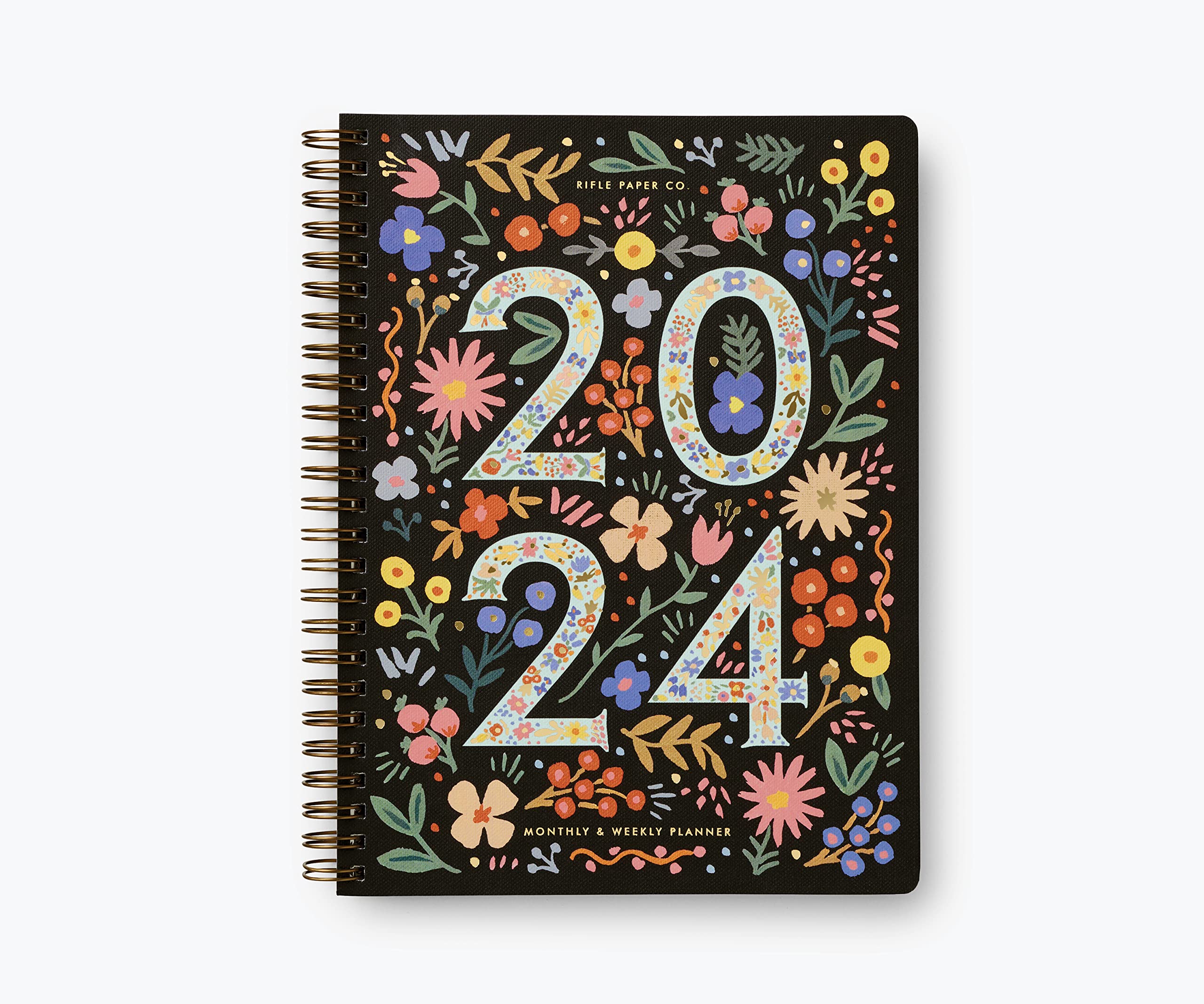 RIFLE PAPER CO. 2024 Flores 12-Month Softcover Spiral Planner - January-December, Sections for Monthly Views, Contacts, Celebrations, and Pockets for Storage