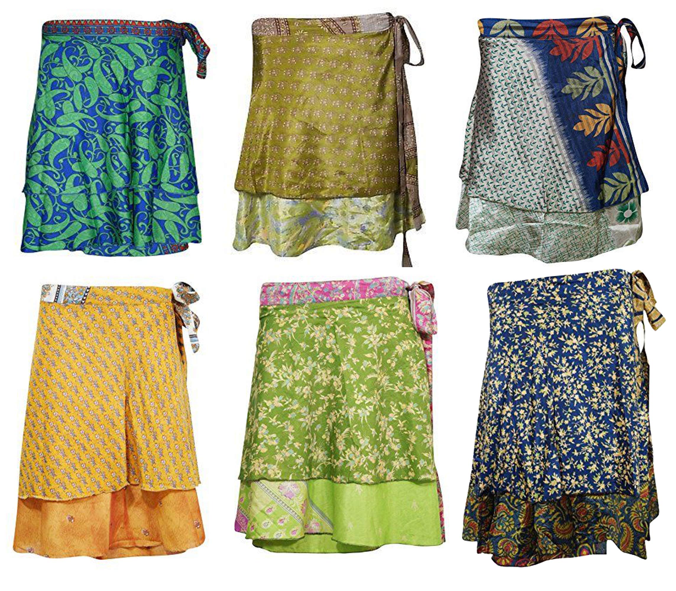 A ANYA TRADESLot of 3/5 - Wrap-Around Indian Vintage Reversible Sari Magic Knee Length Skirts - 2 Layers - Art Silk