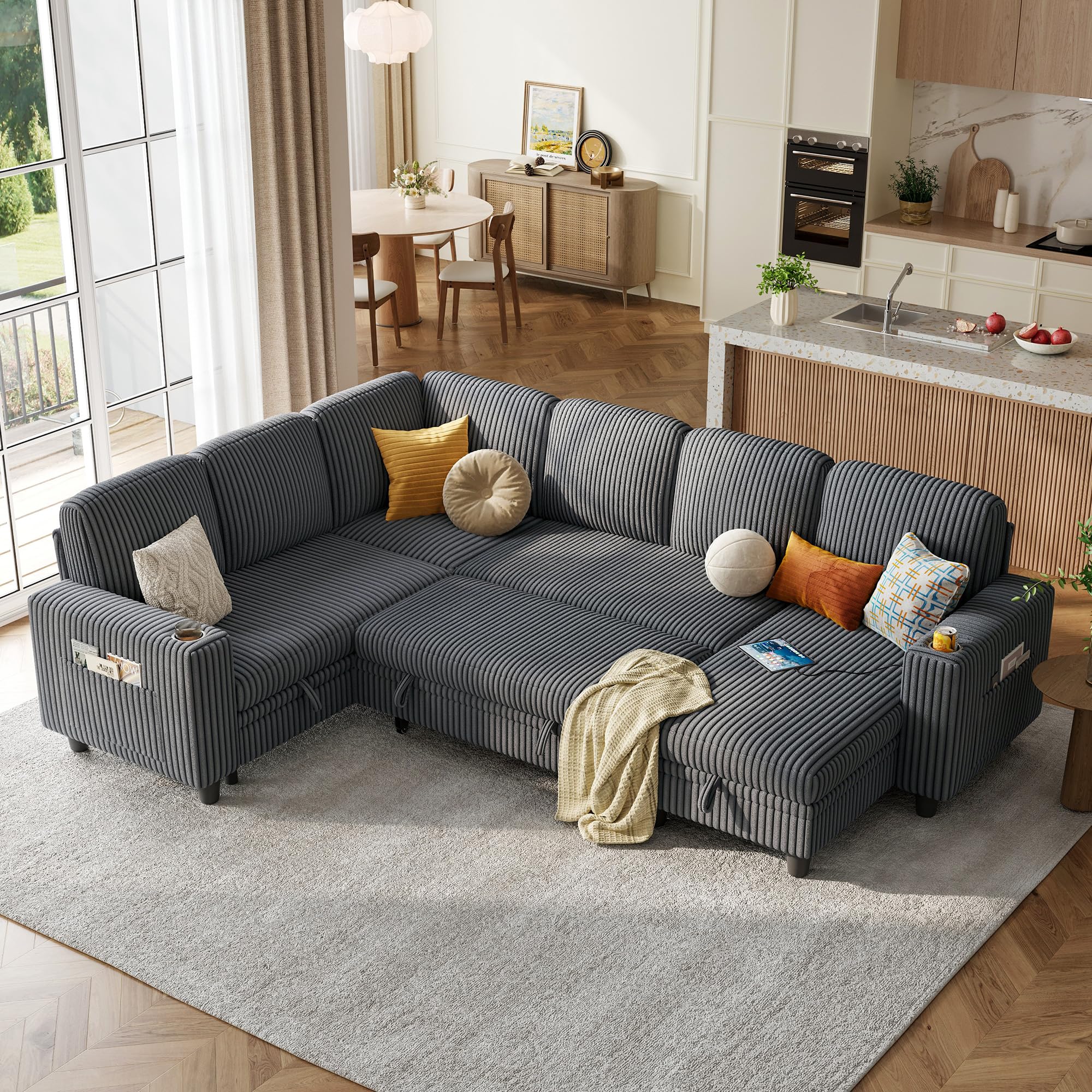 LINSY HOMESectional Sleeper Sofa with Pull Out Couch Bed - Convertible Plush Corduroy Cloud Couch with Storage Chaise & USB Charging, Comfy Modular Couches for Living Room, Grey