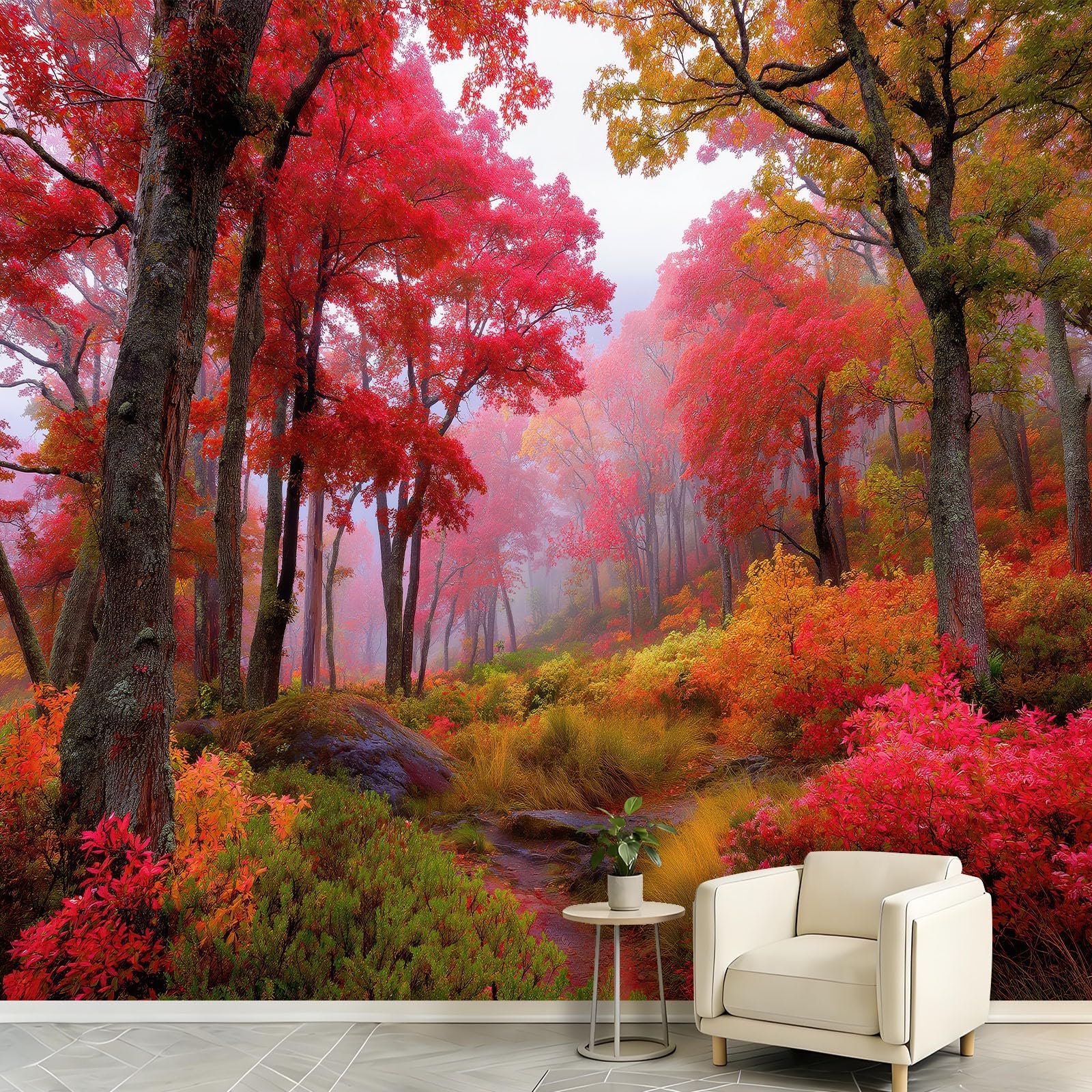Carta da parati murale con paesaggio autunnale, motivo botanico scandinavo, 300 x 210 cm, con alberi e foglie rosse e nebbia, adesivo da parete per camera da letto, soggiorno, corridoio, divano
