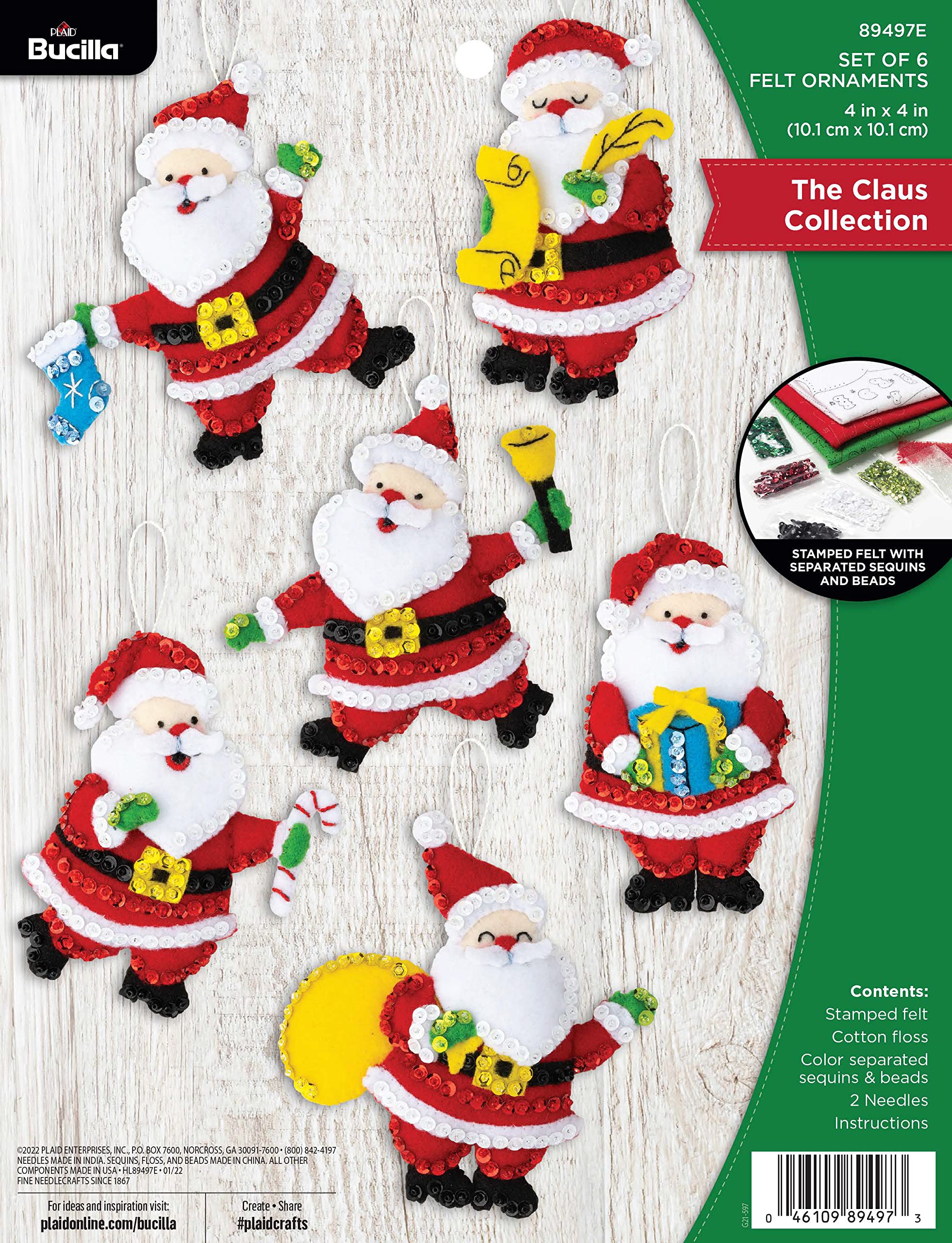 Bucilla Felt Applique 6 Piece Ornament Making Kit, The Claus Collection, Perfect for DIY Arts and Crafts, 89497E