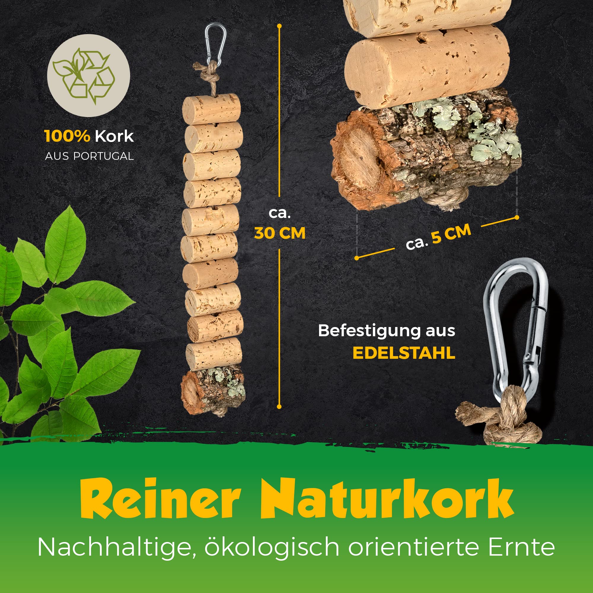 Collana per sgranocchiare in sughero naturale | Collana in sughero | Altalena per uccelli da sgranocchiare | Disinfettata termicamente