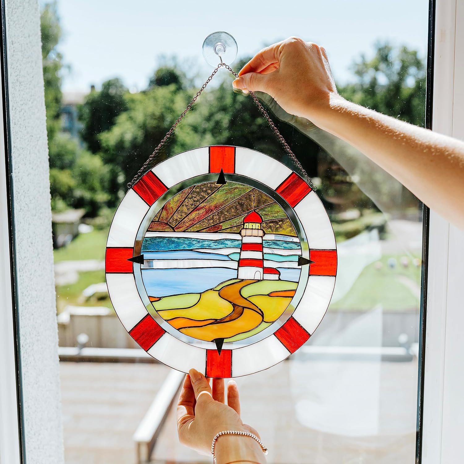 Stained Glass Window Hanging – Lighthouse Decor for Windows – Lovely Glass Suncatcher for House Decoration – Colorful Stained Glass Adornment – Original Gift Idea