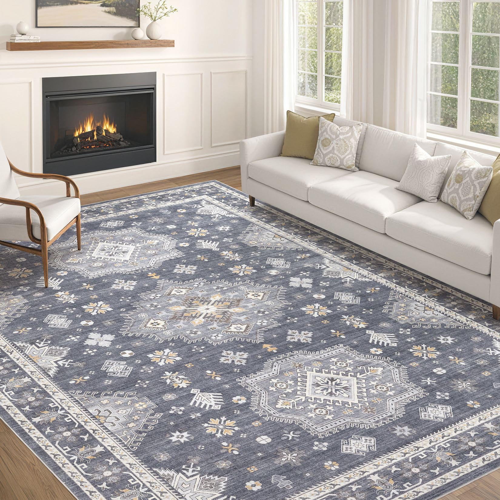 Washable Rugs for Living Room: Vintage Large 7x9 Area Rug for Bedroom Dining Room for Under Table Soft Stain Resistant Pet Friendly Oriental Farmhouse Tribal Retro Accent Carpet - Denim Blue/Grey