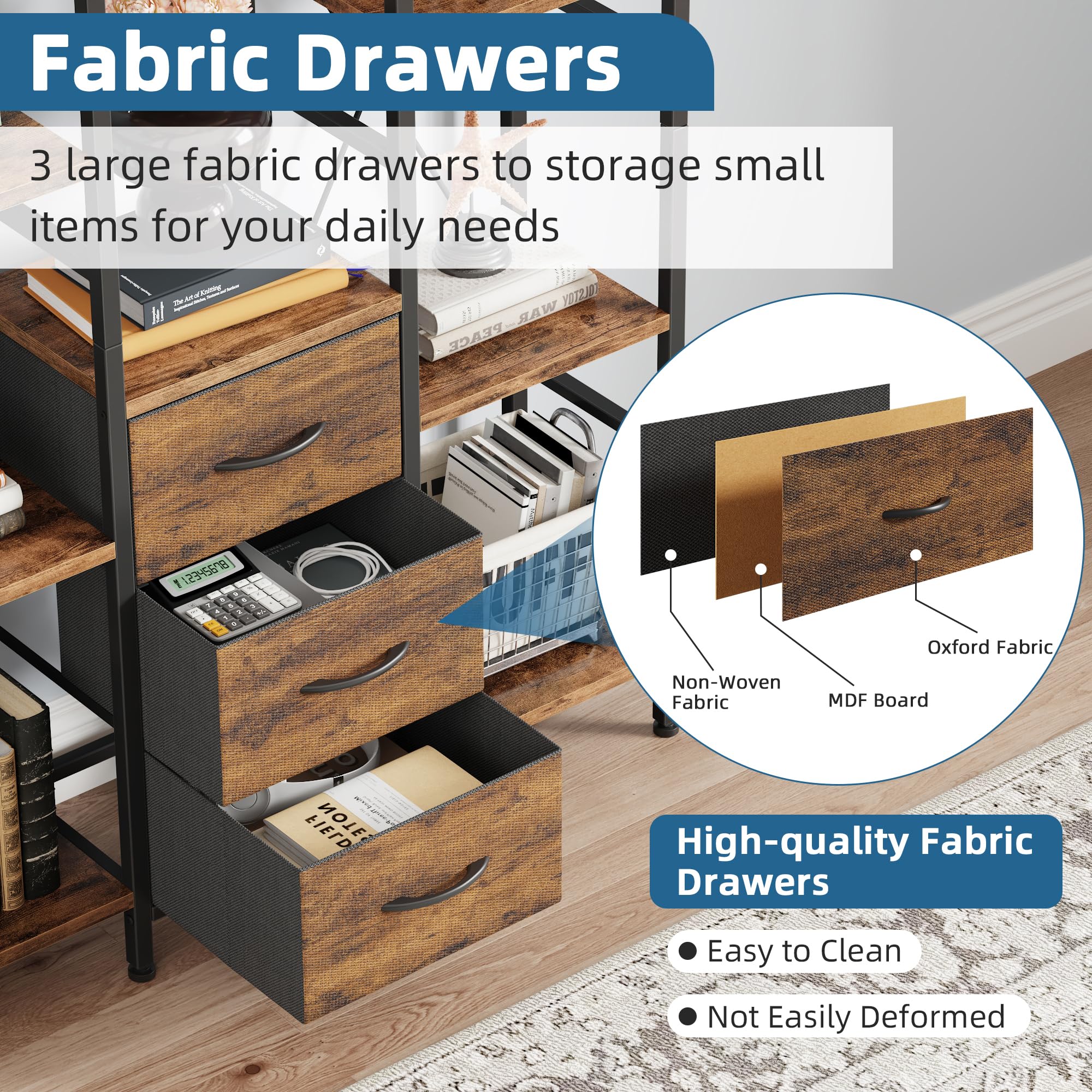 Bibliothèque Haute 100 L x 142 H cm avec 3 Tiroirs en Tissu, Étagère à 4 Niveaux, Grande Étagères de Rangement pour Salon, Bureau, Chambre à Coucher, Cuisine, étagères Ouvertes Bois Rustique