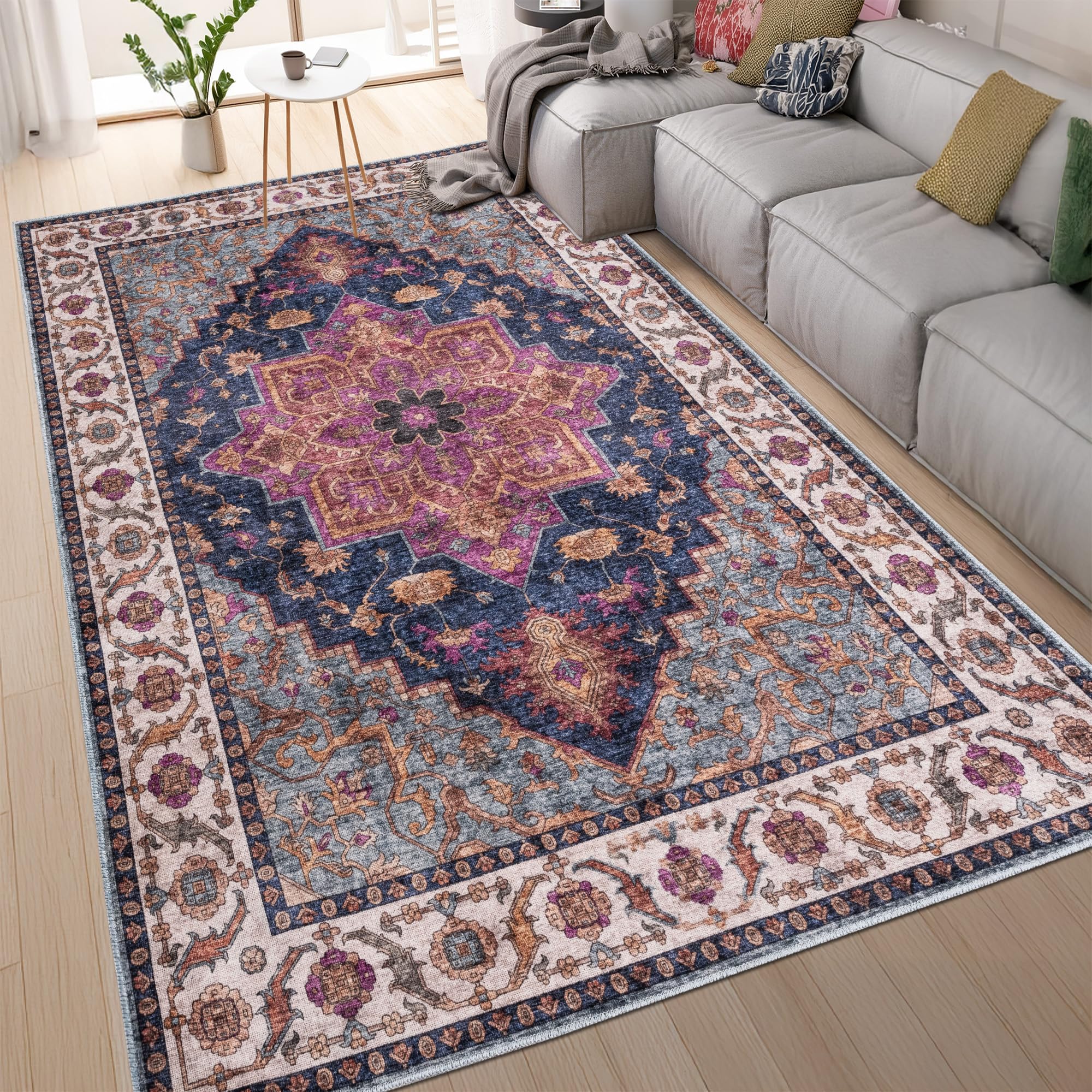 homeart Machine Washable Rug -%63 Cotton, Low Pile Carpet with Non Slip Backing - Non-Shedding Large Rugs for Living Room, Bedroom, Kitchen, Dining Room, Hallway- Traditional Purple Navy, 200x290 cm
