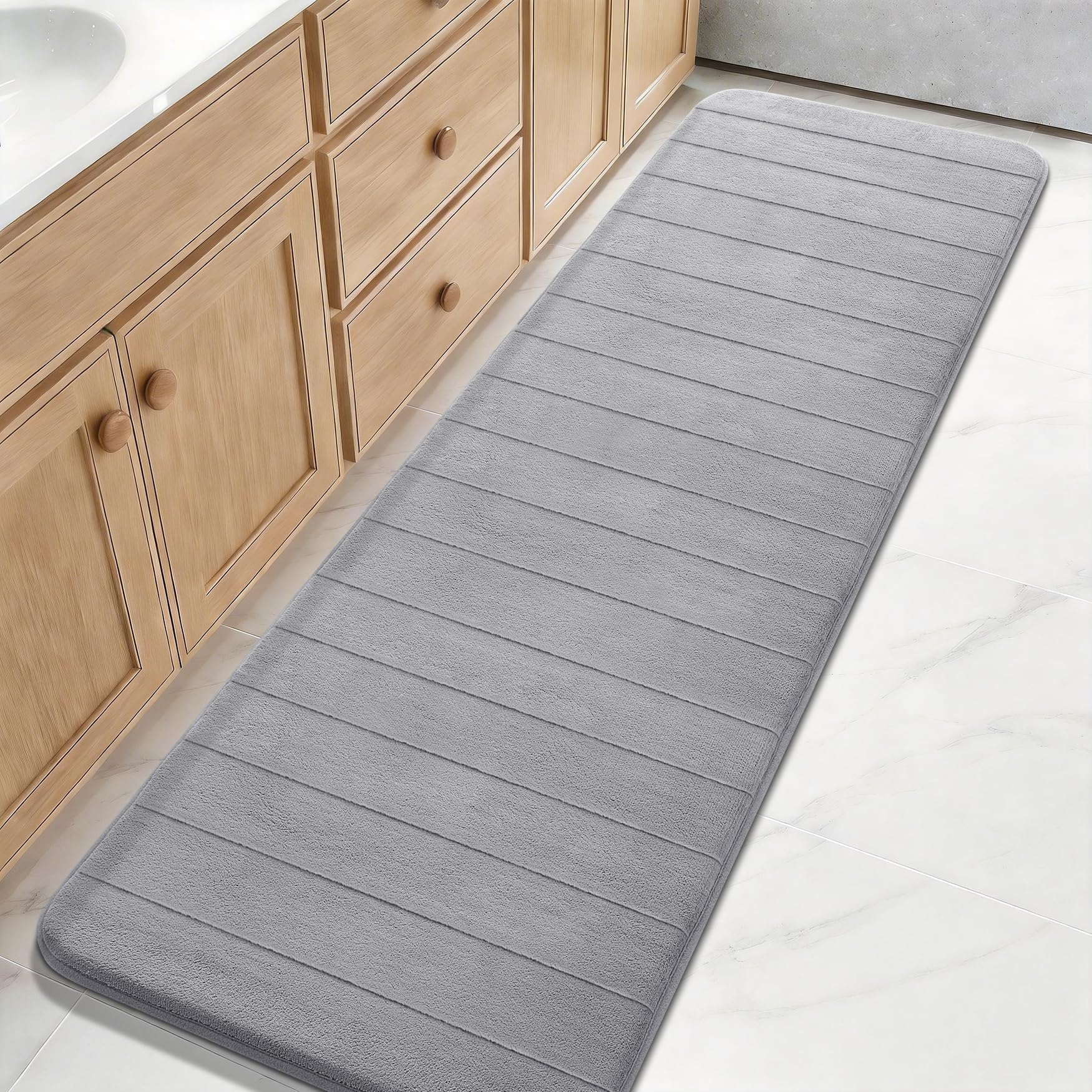 Bathroom Runner Rugs 72"x24" Non Slip Washable Memory Foam Bath Mat, Super Soft Water Absorbent Hallway Carpet for Vanity Tub Shower, Gray