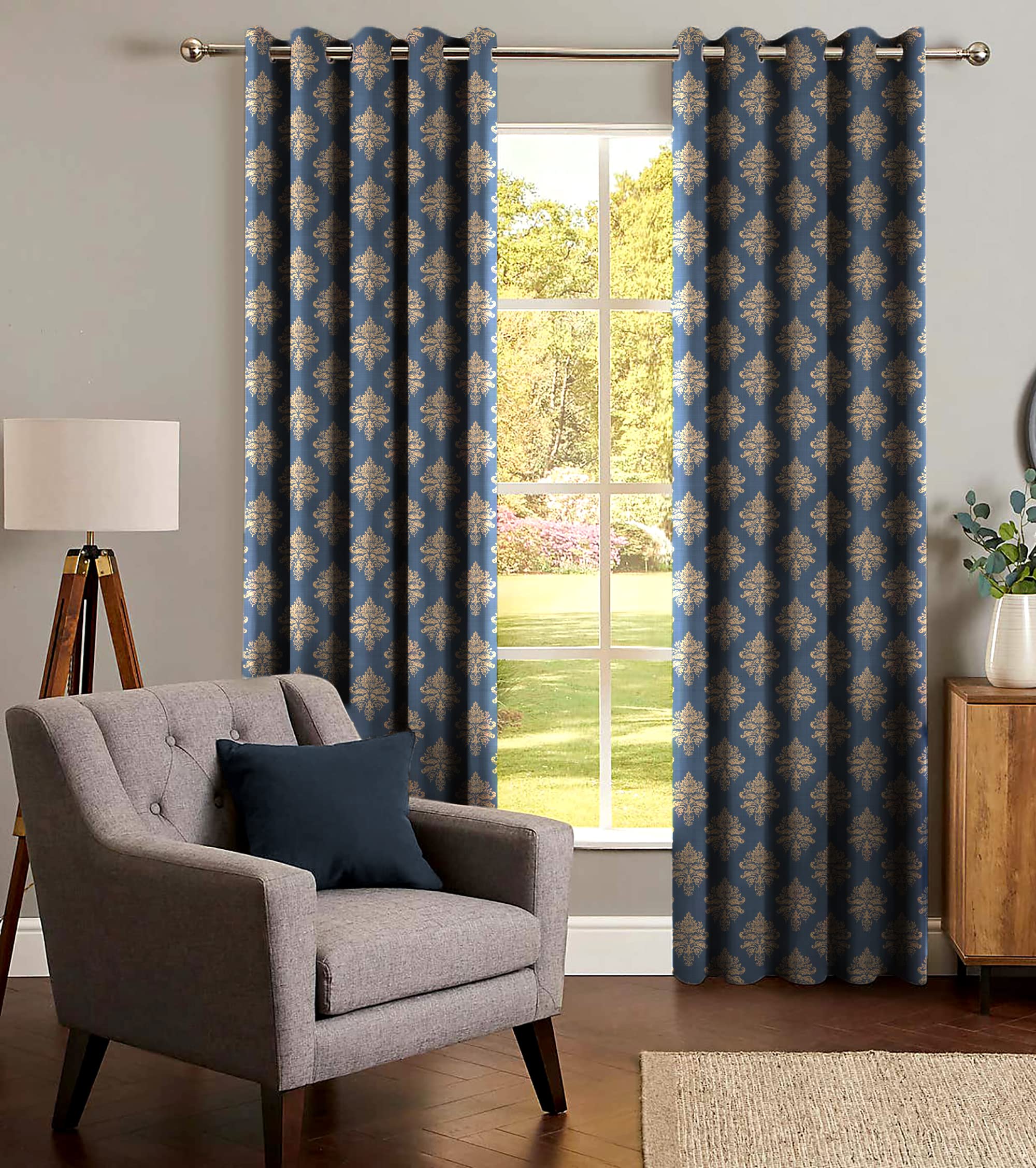 Casableu Qimono 2 Piece Polyester Eyelets (Steel) Blackout Curtains with Tie Back, Bedroom Living Room (Blue, 9 Ft x 4.2 Ft)