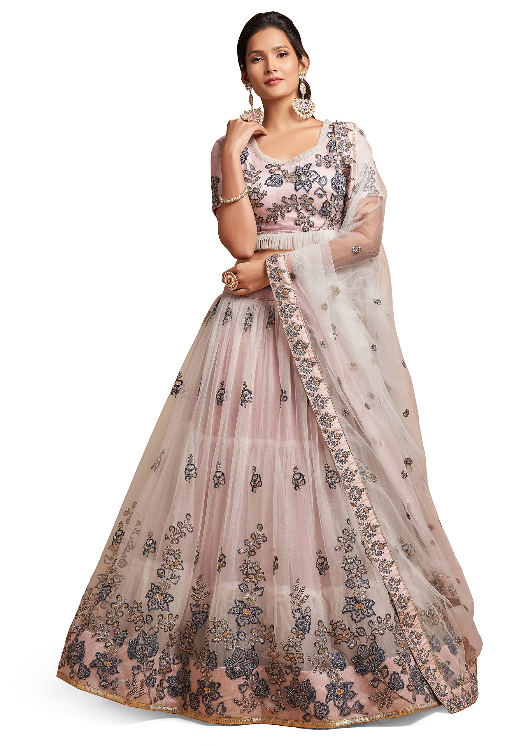 Divine EximWomen's Net Embroidered Semi-Stitched Lehenga Choli with Dupatta (7307-Grey-Wedding-Girlish-Latest-Lehenga; Free Size)