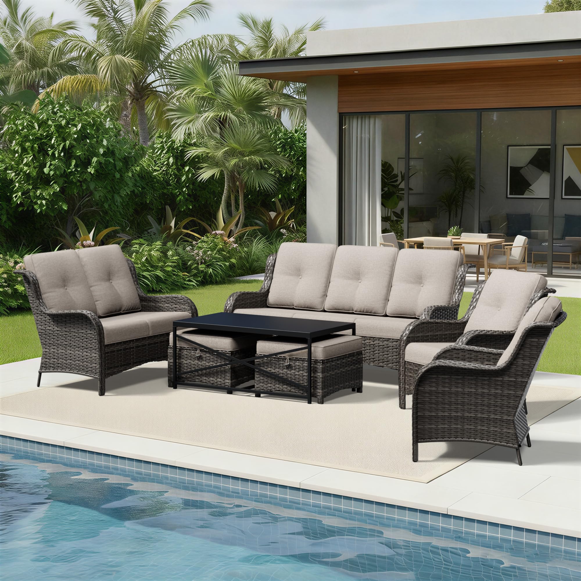 Joyside 7 Piece Wicker Patio Furniture Set, Rattan Patio Chairs with High Back, Deep Seating, Wide Armrest, Thickened Cushions, Outdoor Furniture for Deck, Porch Use