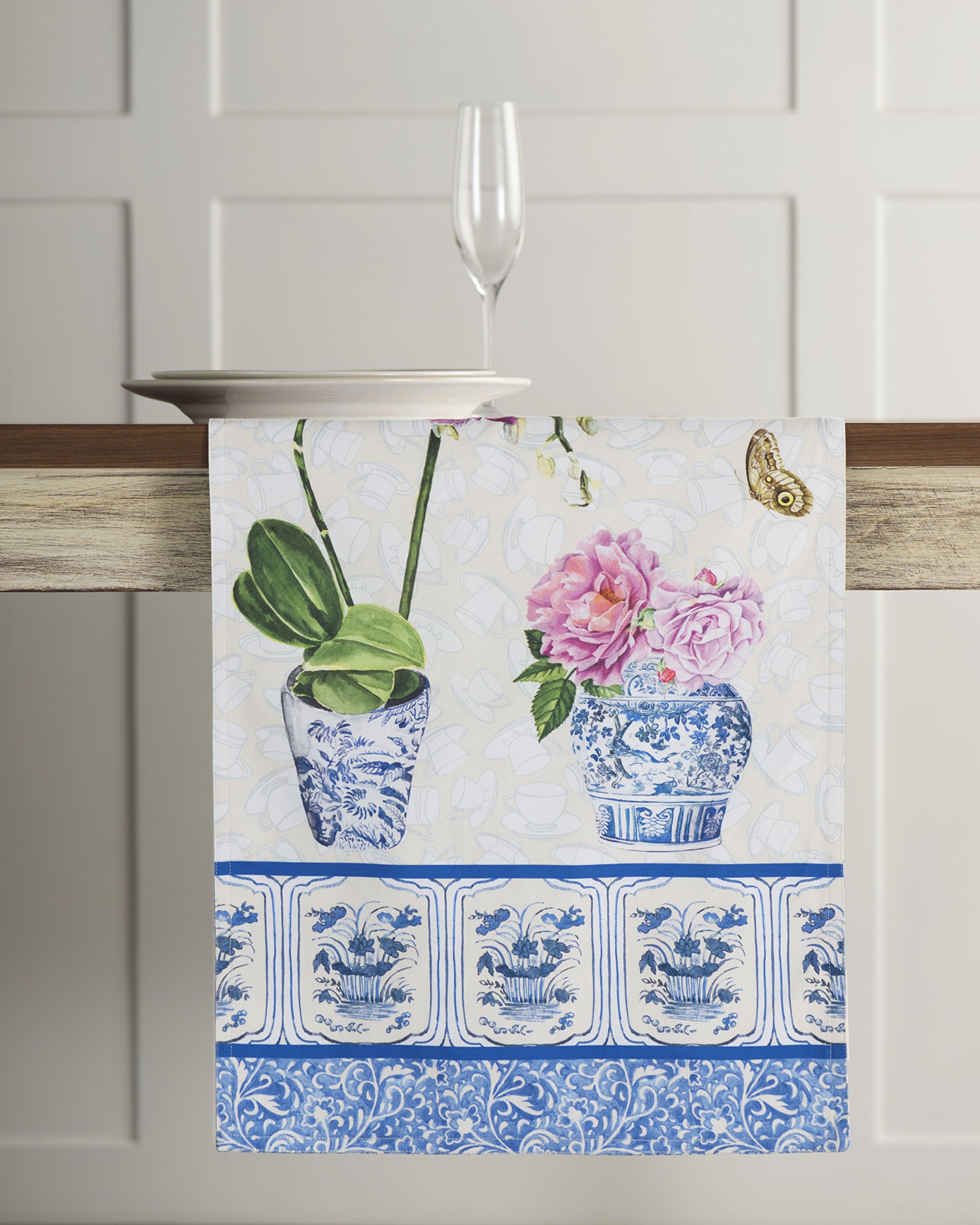 Runner Da Tavola Maison D'Hermine Ibiza – 50x150 Cm, 100% Cotone, Con Fiori E Piume, Blu, Per Cucina E Feste
