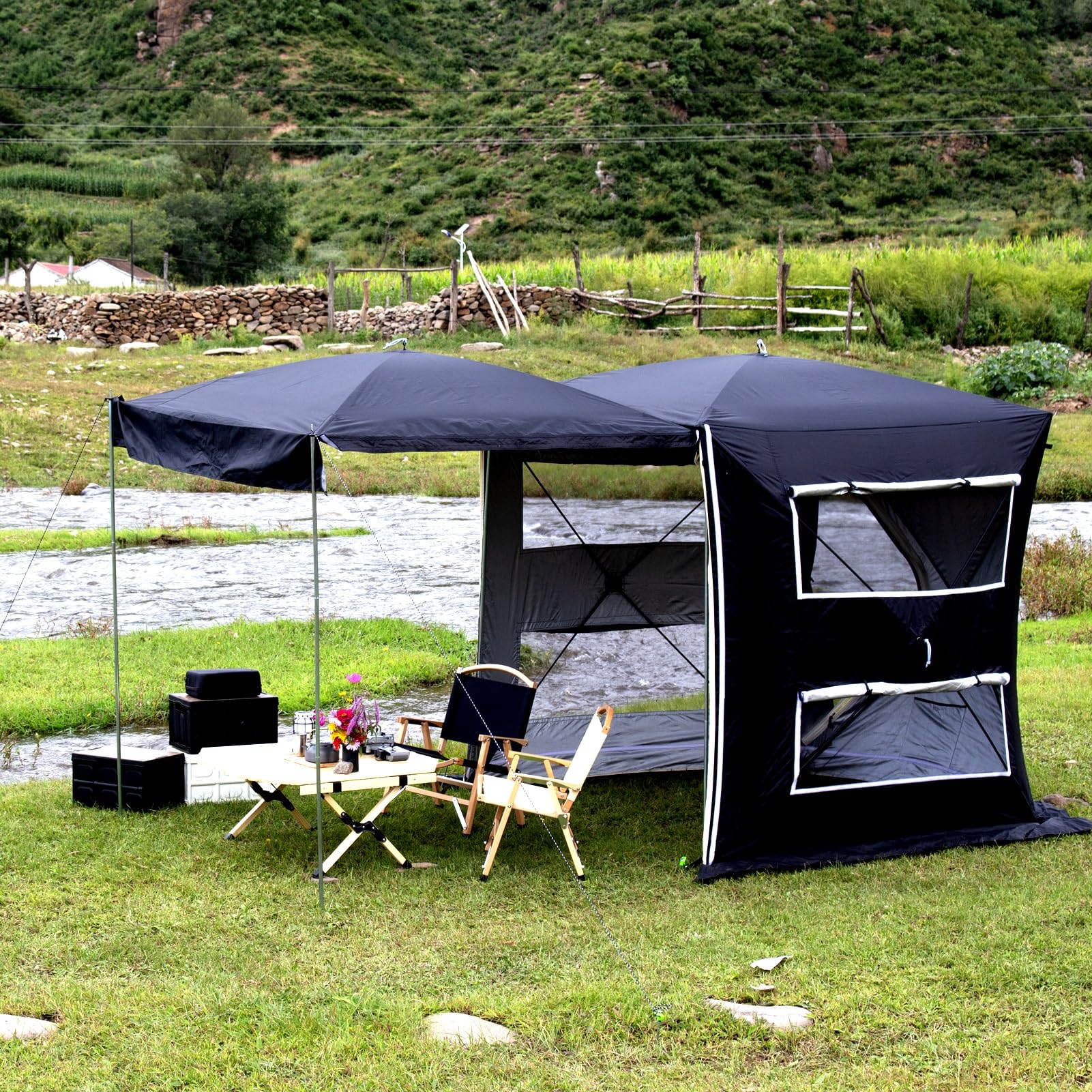 Busvorzelt - Freistehend Outdoor Zelt Luftzelt - Autozelt Vorzelt Camping Zelt, Freistehendes Autozelt mit Schlafkabine, Heckzelt Up für 4 Personen(Noir,Medium)