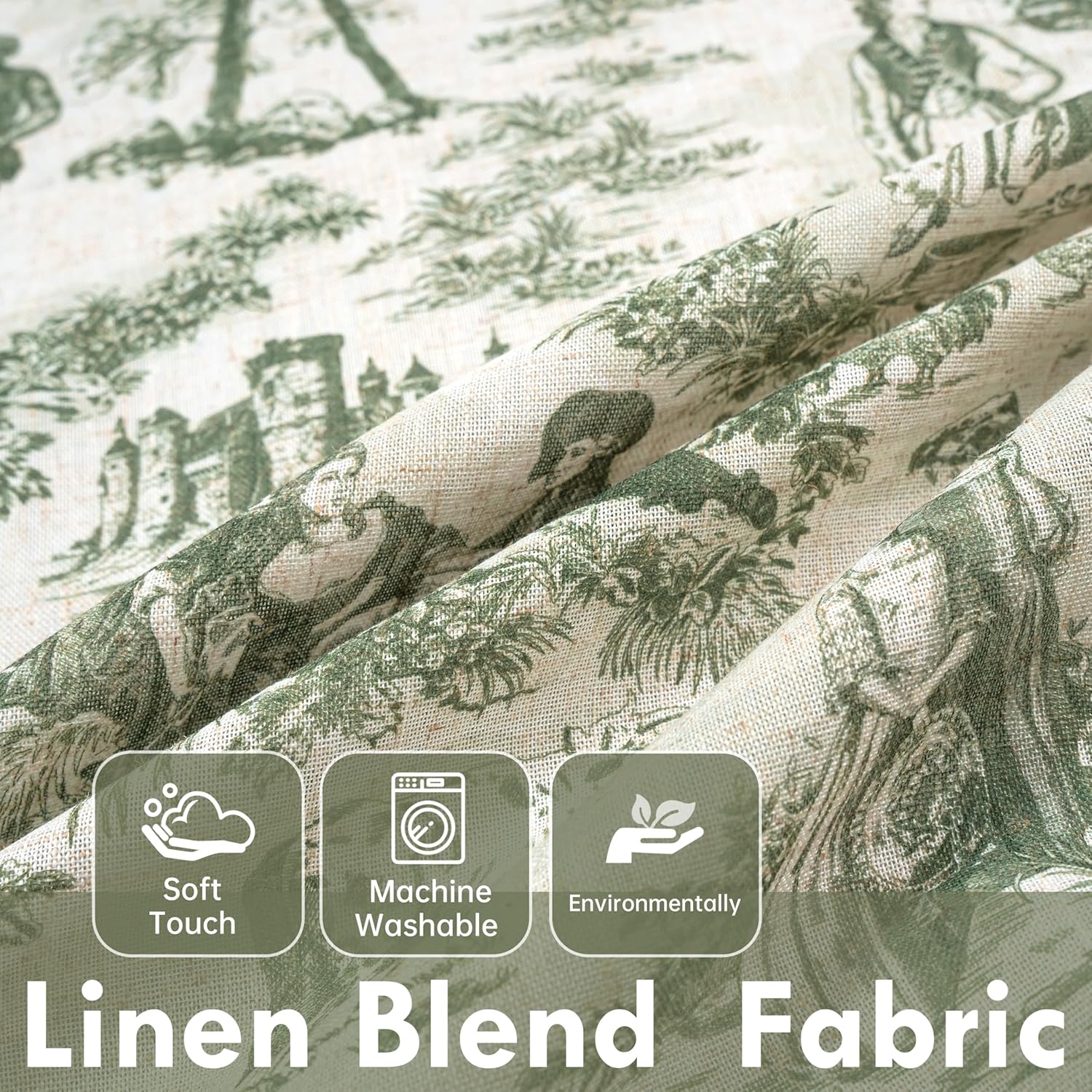 DriftAway 100% Blackout Toile Linen Curtains for Bedroom Double Layer Farmhouse French Country Vintage Printed Pattern Thermal Sound Lined Back Tab Living Room Drapes 72 inch Long 2 Panels Loden Green