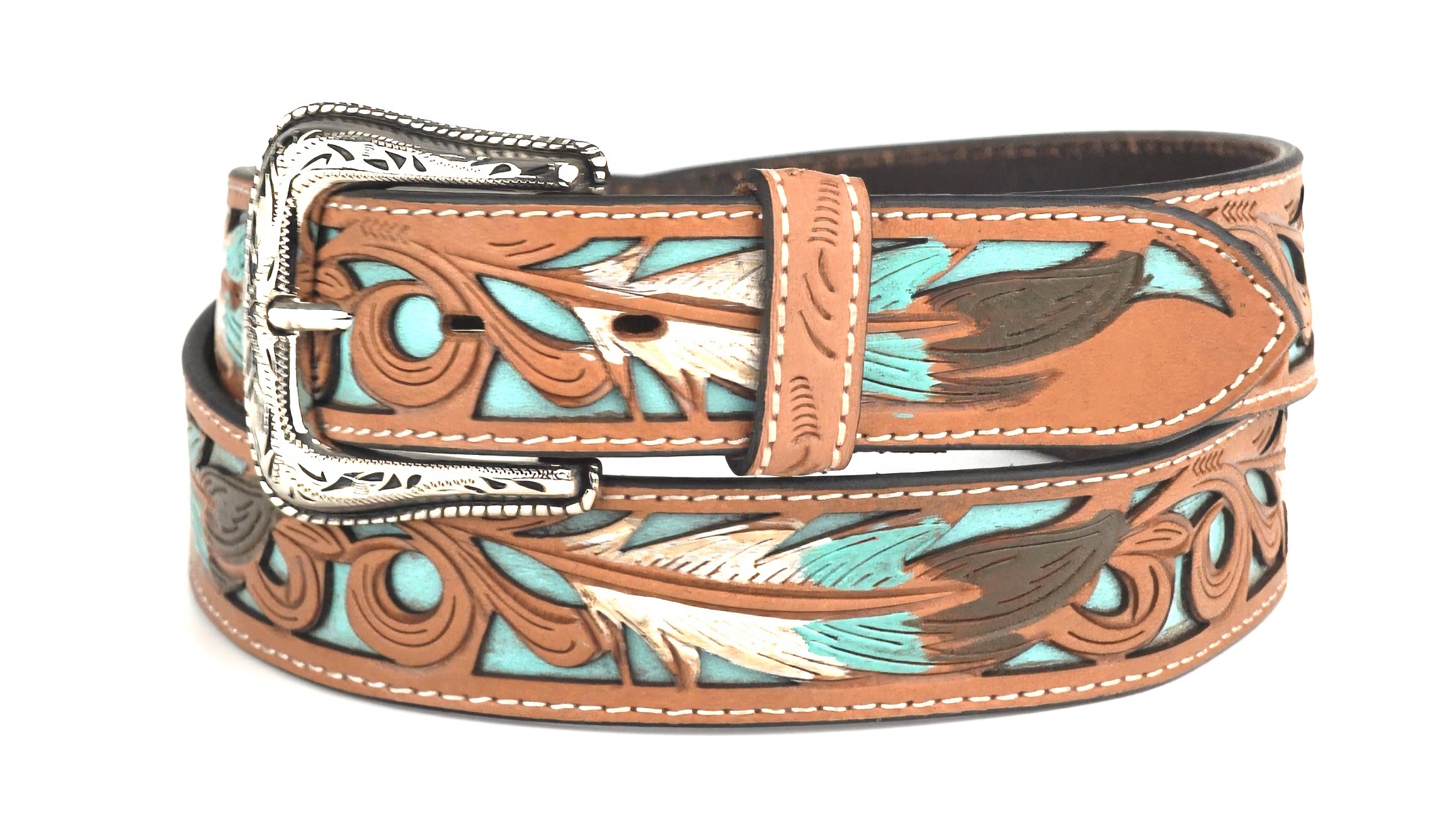 Nocona Western Belt Mens Feather Tooled Filigree 32 Brown
