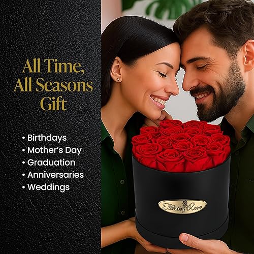 Miniatura 3 de The Eternity Rose Rosas preservadas de 16 piezas en una caja de regalo de lujo, rosas reales en caja redonda negra, un regalo de San Valentín tan