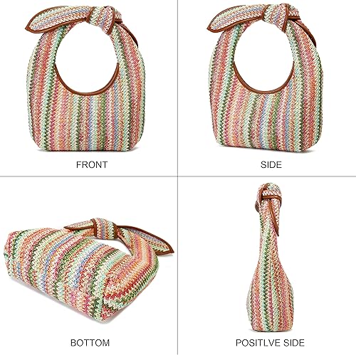 Miniatura 6 de Queenoris Bolsa de paja de verano para mujer, bolso de hombro tejido retro con asa superior, bolsas de ratán, bolsas de viaje para la playa, bolsa