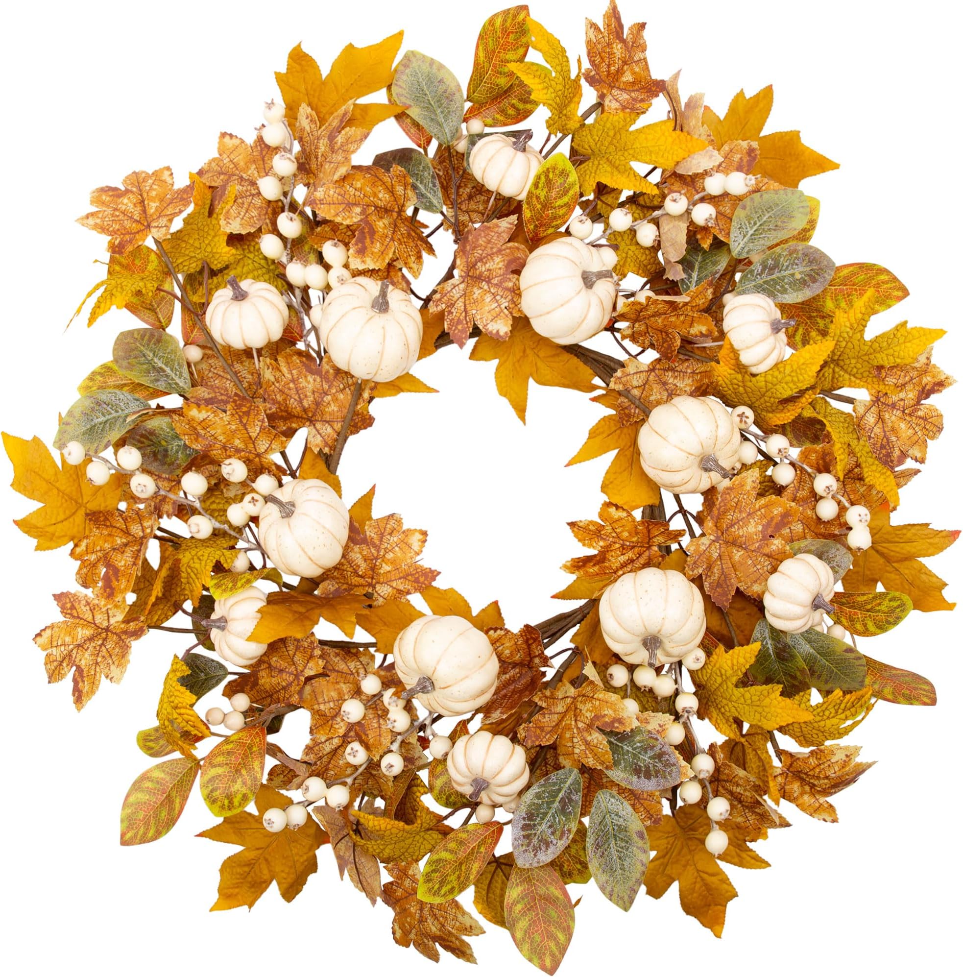 VGIA Fall Wreath 22 Inch Fall Door Wreath Autumn Wreath Fall Decorations for Indoor and Outdoor Harvest Festival with White Pumpkins and Pumpkin Leaves