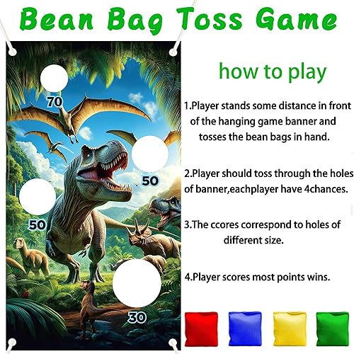 Miniatura 7 de Cartel de juego de lanzamiento del mundo de dinosaurios con 4 bolsas de frijoles, para fotos de dinosaurios, selva tropical de dinosaurio,