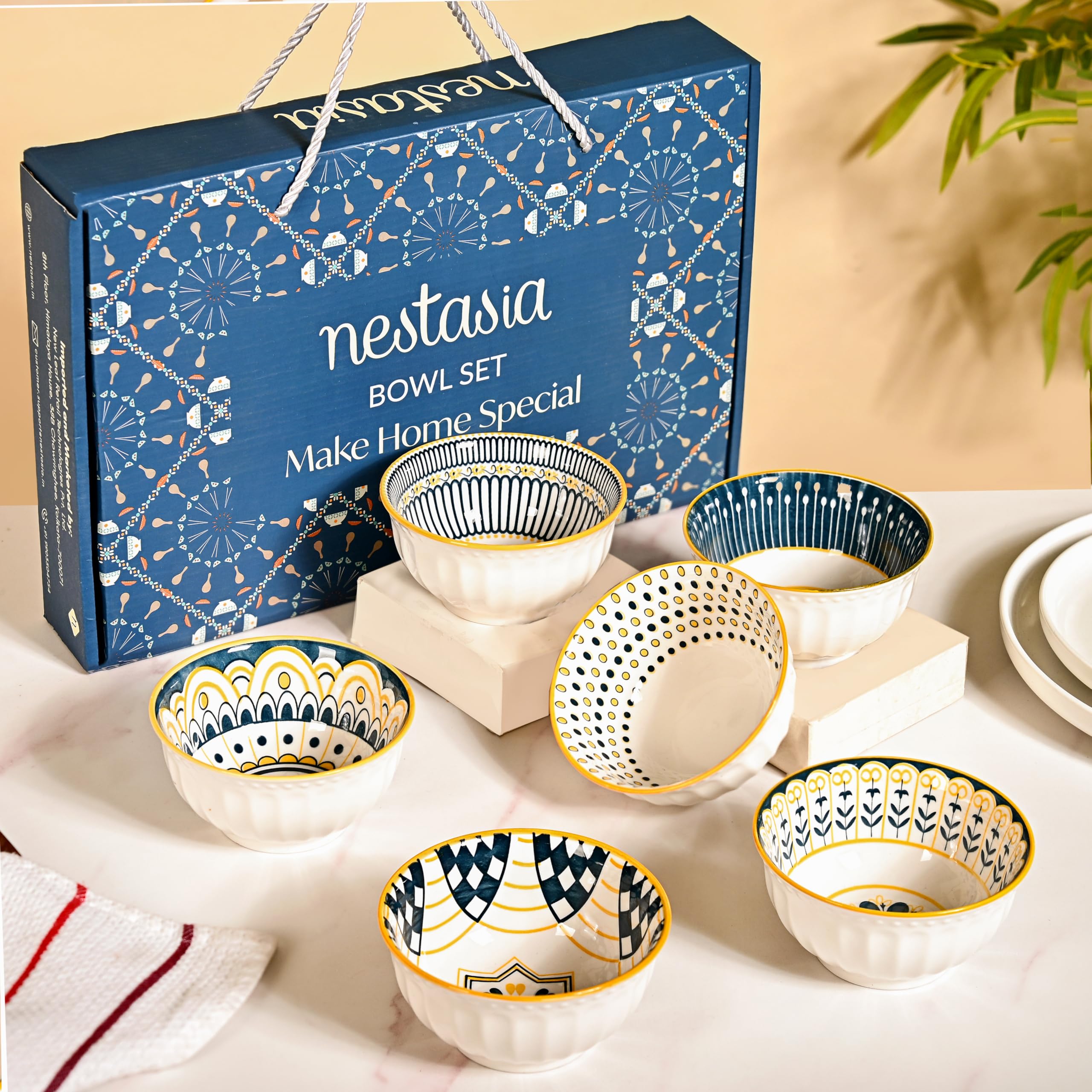 Nestasia Ceramic Bowl Set of 6 | Microwave & Dishwasher Safe Snack Bowls | Different Patterns with Textured Exterior | Ideal for Snacks, Soup, Rice, Dal, Curries, Sabji (280ml)