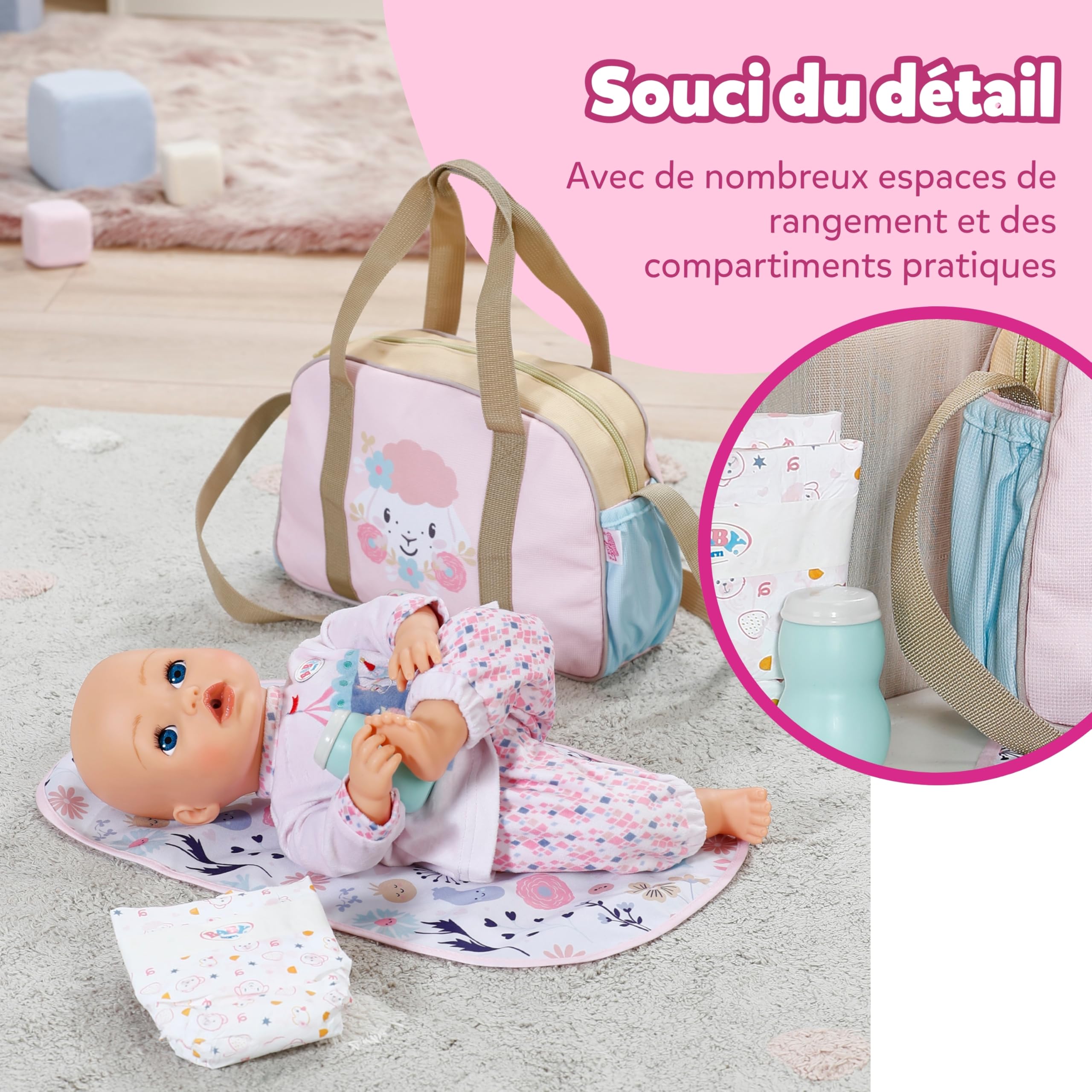 BABY born Sac à langer – Sac à langer pour poupées avec motif fleuri – Inclut tapis à langer, couche & boîte de poudre – Accessoire de poupée haut de gamme – Pour poupées de 36 cm & 43 cm