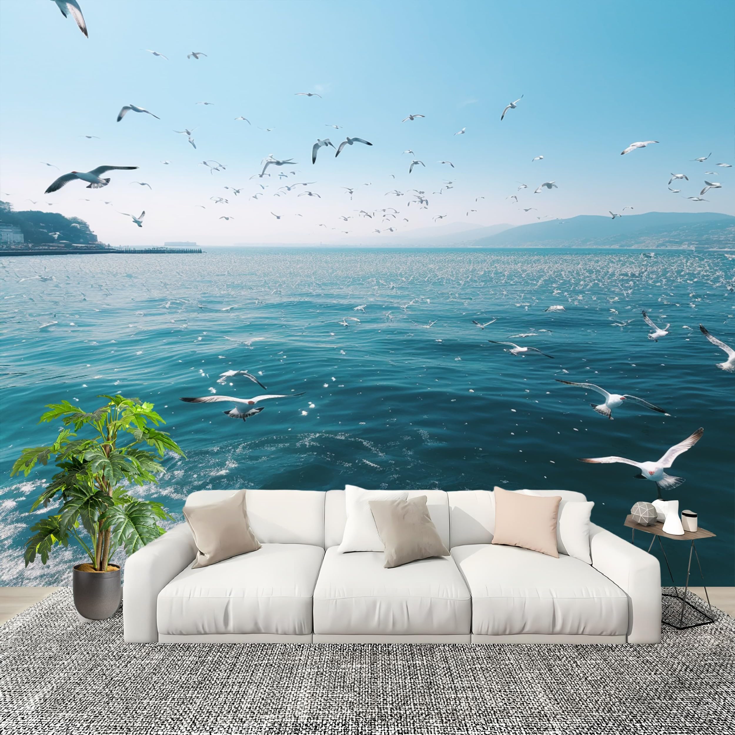 Odporna na wilgoć fototapeta 400 x 280 cm, zwierzęta morskie i ptaki, tapeta ścienna, tapeta ścienna, niebieska, do salonu, korytarza, nowoczesne wzornictwo, obraz ścienny, dekoracja ścienna