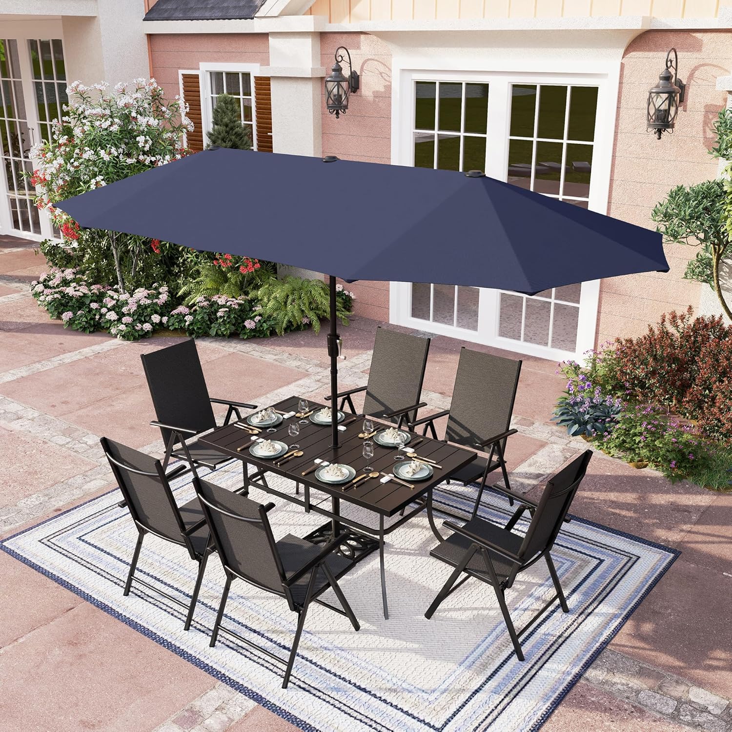 PHI VILLA Outdoor Patio Dining Set for 6 with Umbrella, Rectangle Patio Table and Chairs Set with 6 Adjustable Folding Patio Chairs(Black) & 13 Ft Blue Patio Umbrella