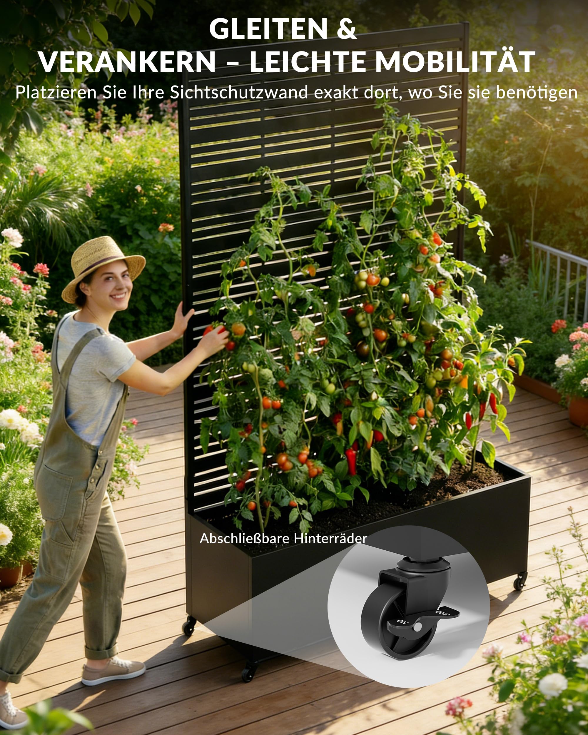 Hochbeet mit Sichtschutz, Metall Pflanzkasten mit Rankgitter und Rollen, freistehender Pflanzkübel 33cm tief, wetterfest für Blumen und Kletterpflanzen - Ideal für Garten, Balkon und Terrasse