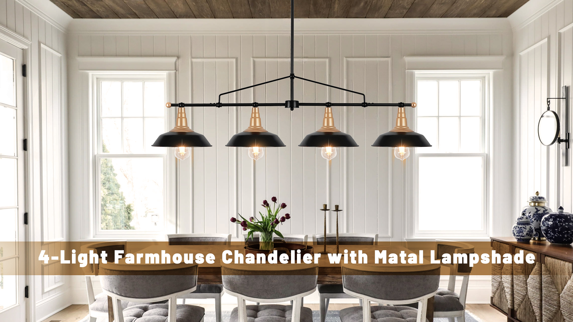 Image of 4-Light Linear Chandelier Black and Gold Kitchen Island Light Fixture
