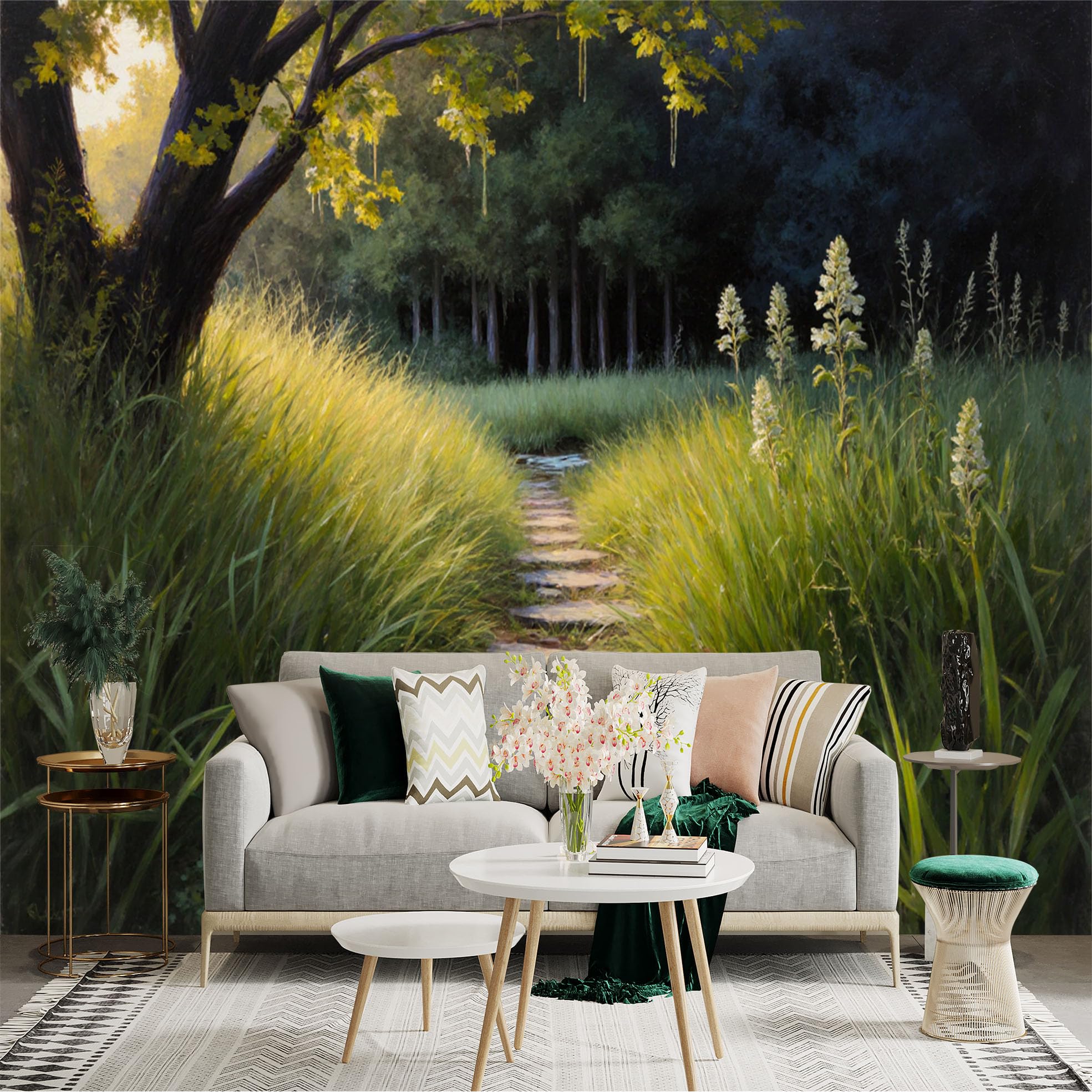 Lnzczhyre Xc260505731 Custom Size Wall Sticker Mural， Enchanting Forest Path With Stone Steps， Sunny Meadow And Ancient Tree， Peaceful Nature Landscape， For Wall Decoration， Peelandstick Wall Decals.