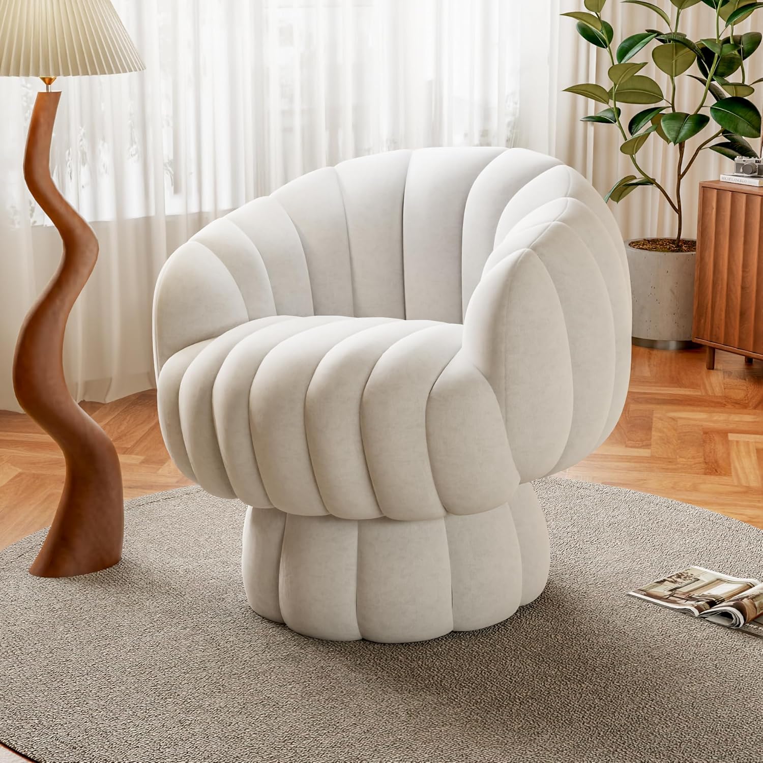 Mid Century Modern 360 Degree Barrel Swivel Accent Sofa Chair,Velvet Fabric Wide Upholstered Pumpkin Reading Chair, Armchair for Living Room,Bedroom,Vanity(Beige)