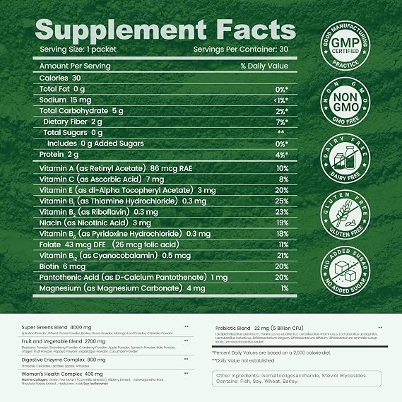 inGreens Super Greens Powder, Superfoods, 0 Sugar, 30 Packets