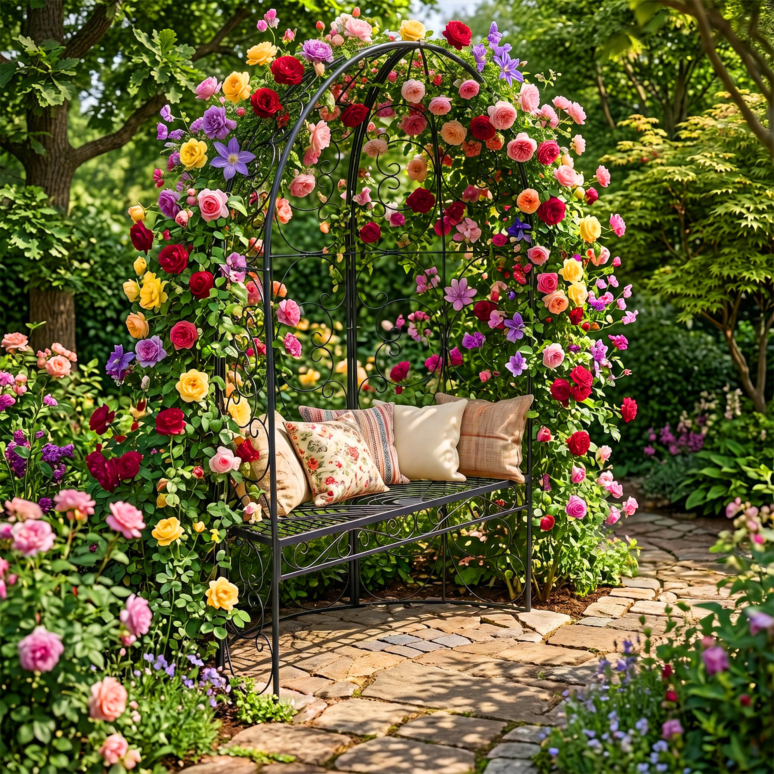 Panchina da Giardino Relaxdays con Arco per rampicanti, Portata 240 kg, A x L x P 178 x 120 x 58 cm, Nero