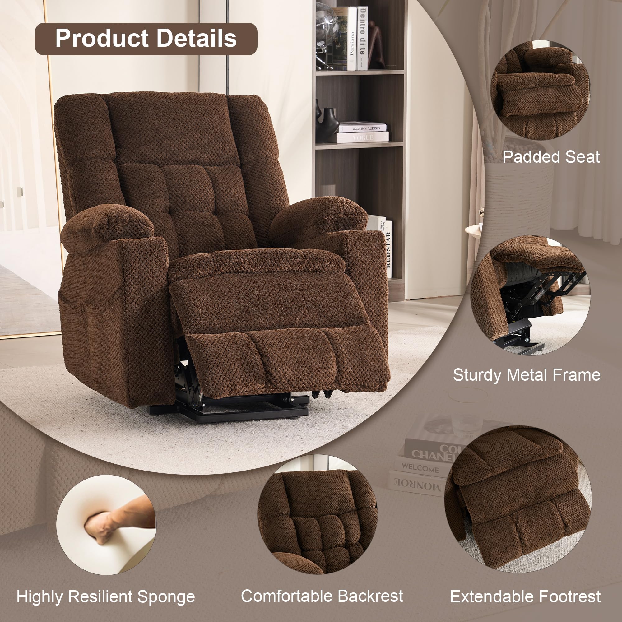 SALOHZA Power Lift Recliner With Massage & Heat - Cream White PU Leather Electric Recliner Chair - View #8