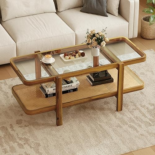 Giantex Rattan Coffee Table, 47.5" Rectangle Solid Wood Tea Table w/Tempered Glass Tabletop & PE Rattan Storage Shelf, 2-Tier Boho Coffee Tables, Farmhouse Rustic Center Table for Living Room Office
