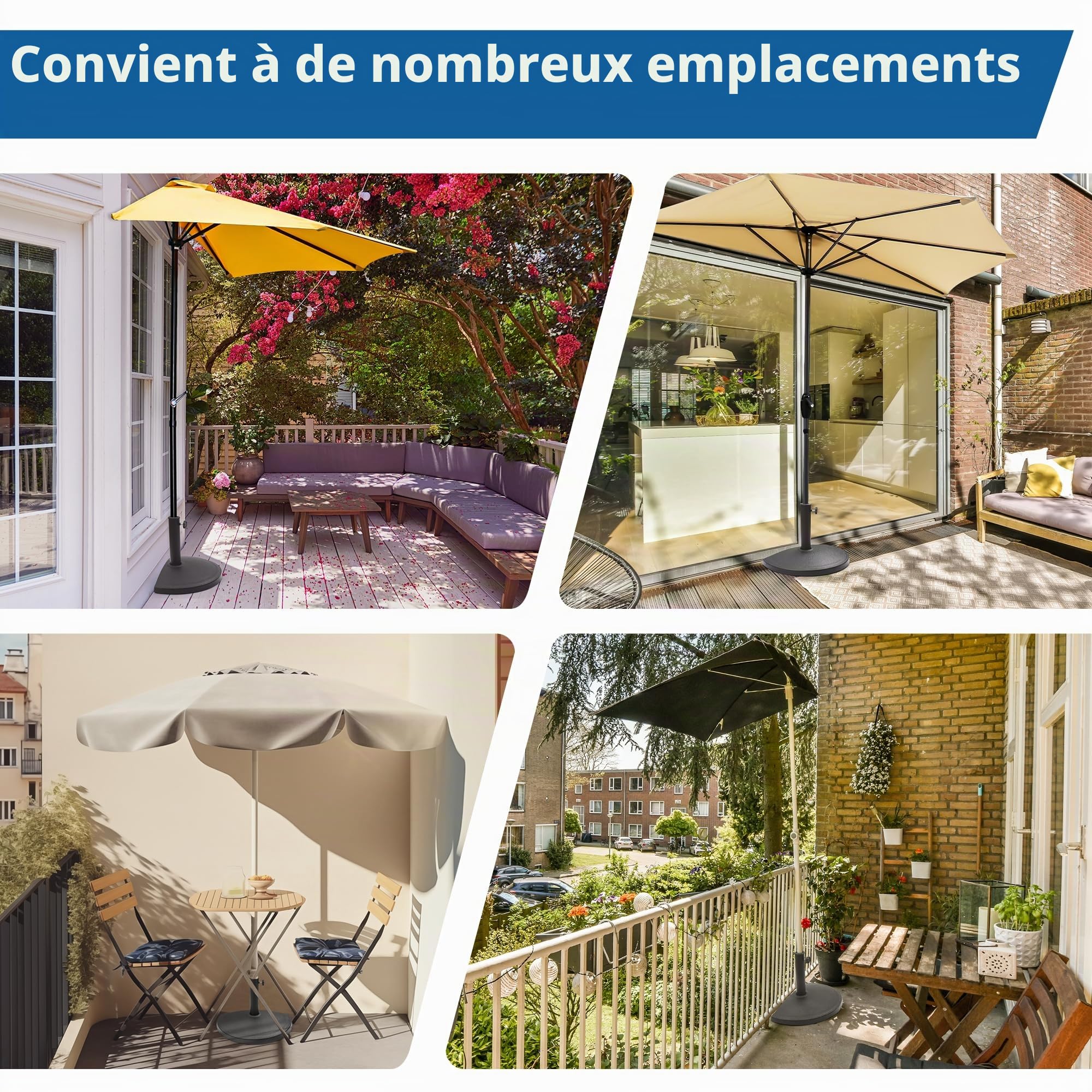 paramondo Pied de Parasol Semi-Circulaire Socle de Parasol résistant aux intempéries Épaisseur de mât 35-50 mm, Adaptateur Inclus, Pied de Balcon 9 kg, Noir
