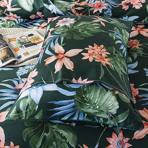 Miniatura 3 de Softta Juego de funda de edredón de 3 piezas, tamaño matrimonial, color verde, juego de ropa de cama de flores coloridas, 100% algodón puro, hojas