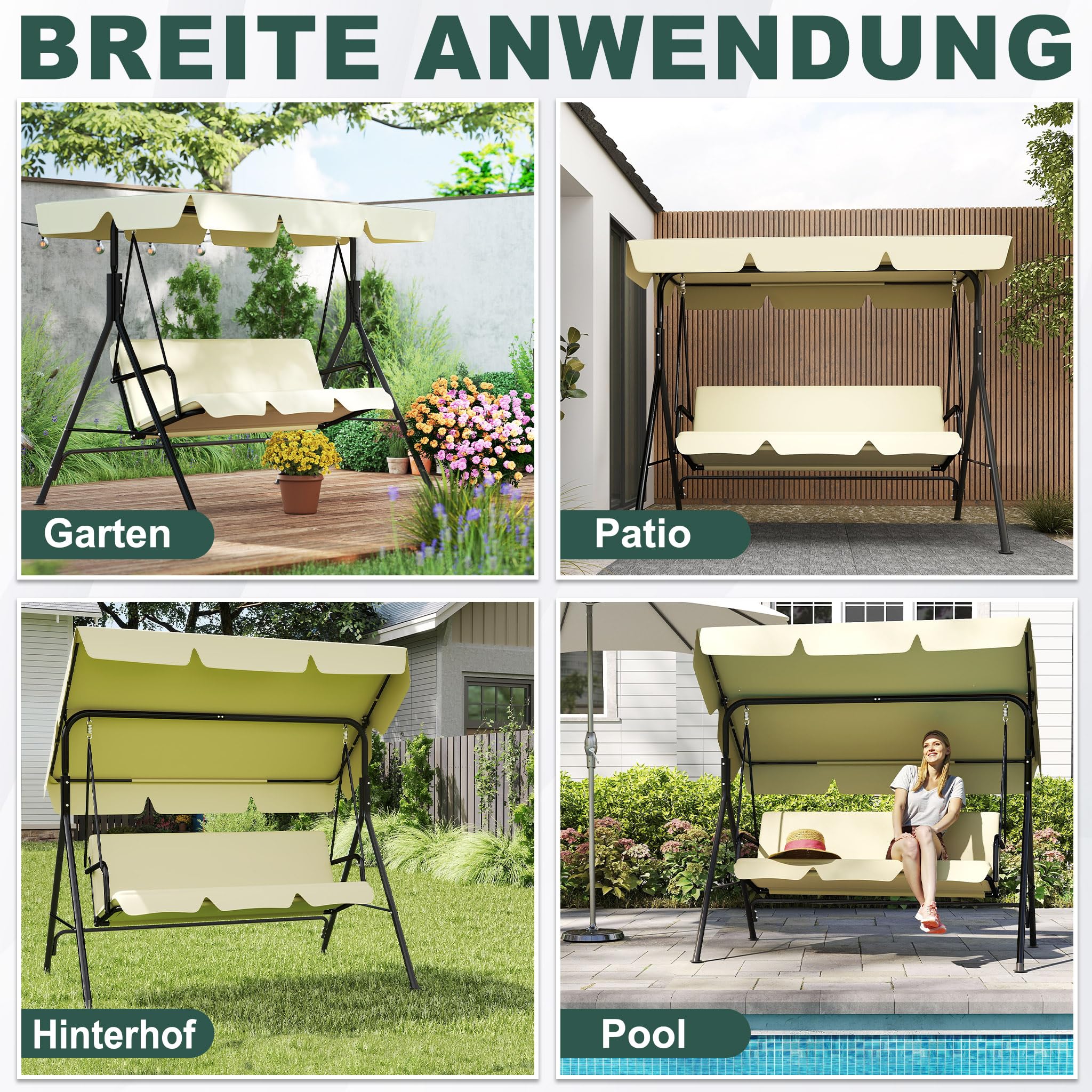 FIVMEN Balancín de jardín de 3 plazas con funda de techo ajustable, banco de jardín, columpio colgante, columpio para jardín, columpio colgante para jardín, soporta hasta 200 kg, 175,5 x 110 x 152 cm