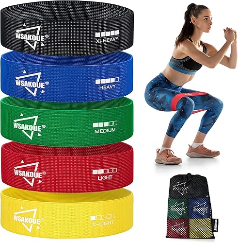 WSAKOUE Bandas de resistencia de tela para entrenar  5 bandas de glúteos para mujeres y hombres, bandas de entrenamiento de ejercicio para piernas,