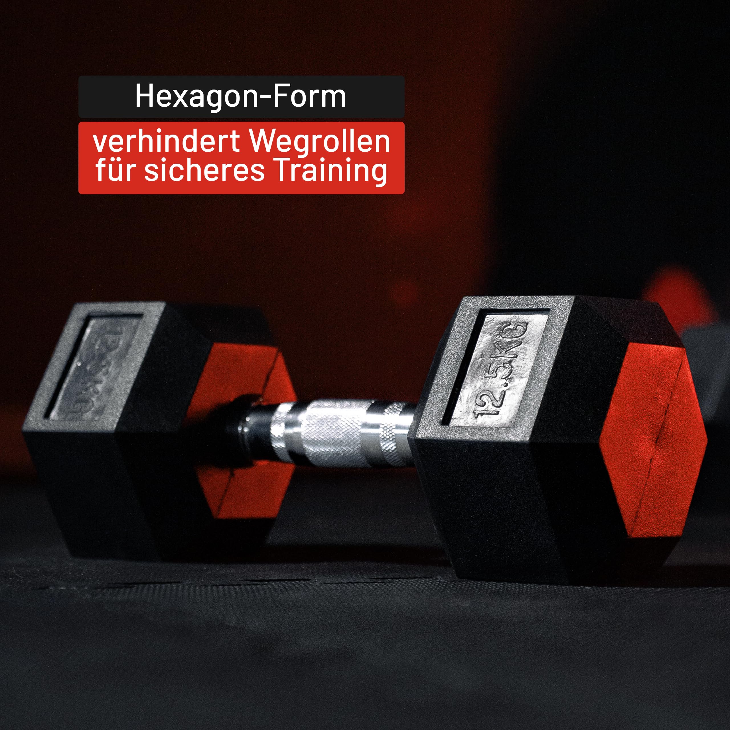 GORILLA SPORTS® Hexagon Kurzhanteln 2–50 kg, gummiert, mit oder ohne Ablage | Schwarze sechseckige Hanteln aus Gusseisen mit gerändeltem Chromgriff, rutschsicher und rollfest; Dumbbell, Krafttraining
