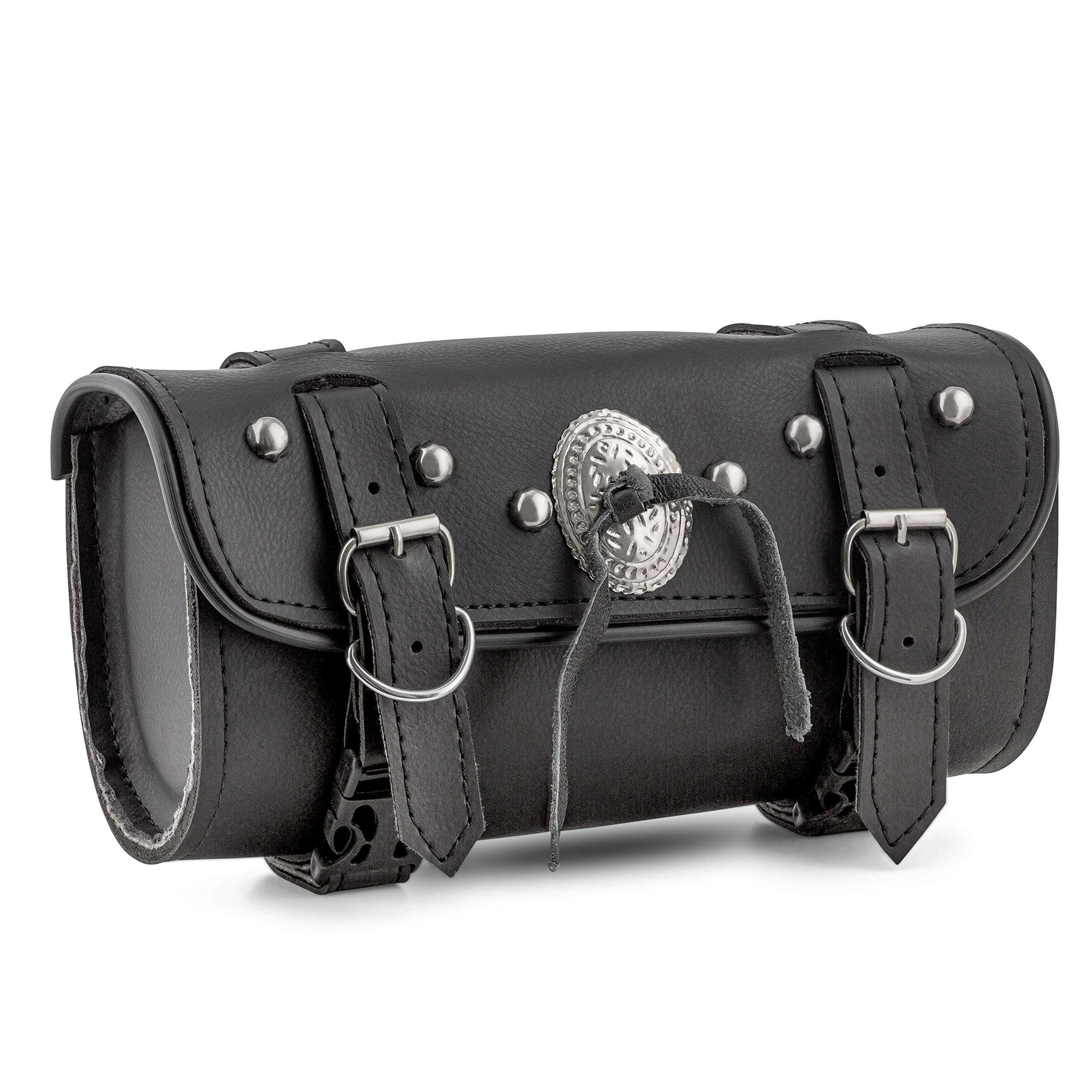 The Nekid CowMotorcycle Storage Bag Premium Synthetic Black Plain PVC Leather 2 Strap Closer Tool Bag Pouch for Saddle Bag Sissy Bars, Fork Handlebars or Windshield (Tassel)