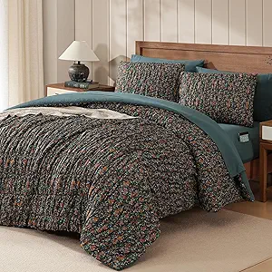 Full Size Comforter Sets-7 Pieces Puff Dark Green Floral Bedding Set for All Seasons, Shabby Chic Farmhouse Bed in a Bag Full with Floral Comforter, Sheets, Pillowcases & Shams