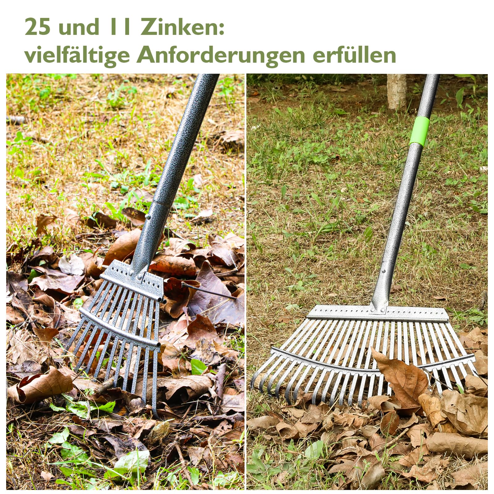 Rechen Garten,25+11 Zinken Laubrechen mit Stiel Metall, Verstellbarer Stiel (70-185 cm),Schwerlast Laub,Gartenharke für Laub, Rasen, Boden,inkl. 2 Handschuhe