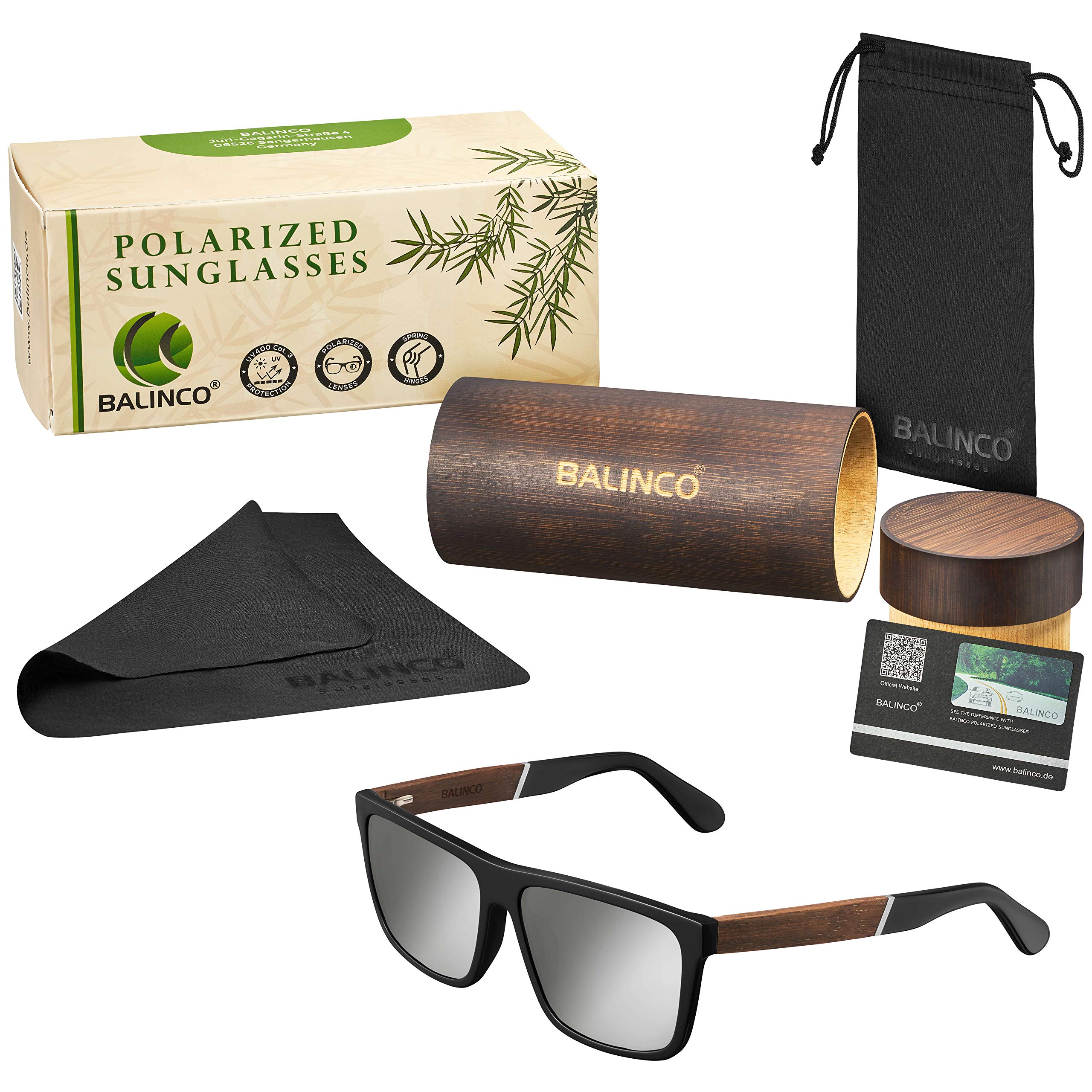 Balinco, Gafas de Sol Polarizadas (Hechas a Mano) con Lentes Rectangulares y Patillas de Bambú, para Hombres y Mujeres, Protegen de los Rayos UV o de los Reflejos, en un Práctico Set de Accesorios