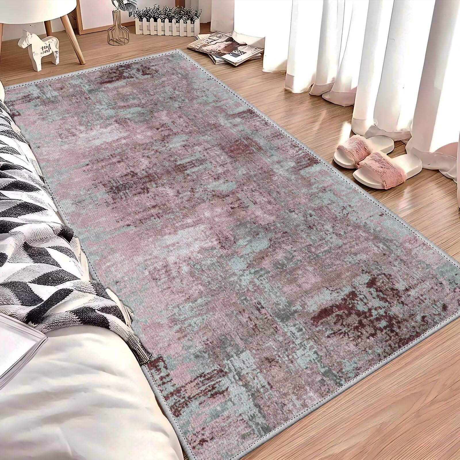 Teppich Läufer Flur rutschfest Küchenteppich Fußmatte 80X160CM Waschbar Rot Grau Modern Teppichläufer Meterware Schmutzfangmatte Teppichläufer für Flur Küche Eingang Wohnzimmer Schlafzimmer